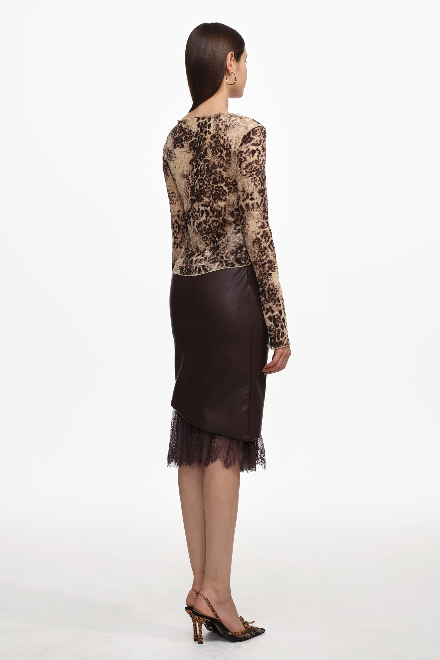 Yuhie Vintage Flocked  Top And Faux Leather Skirt Set	