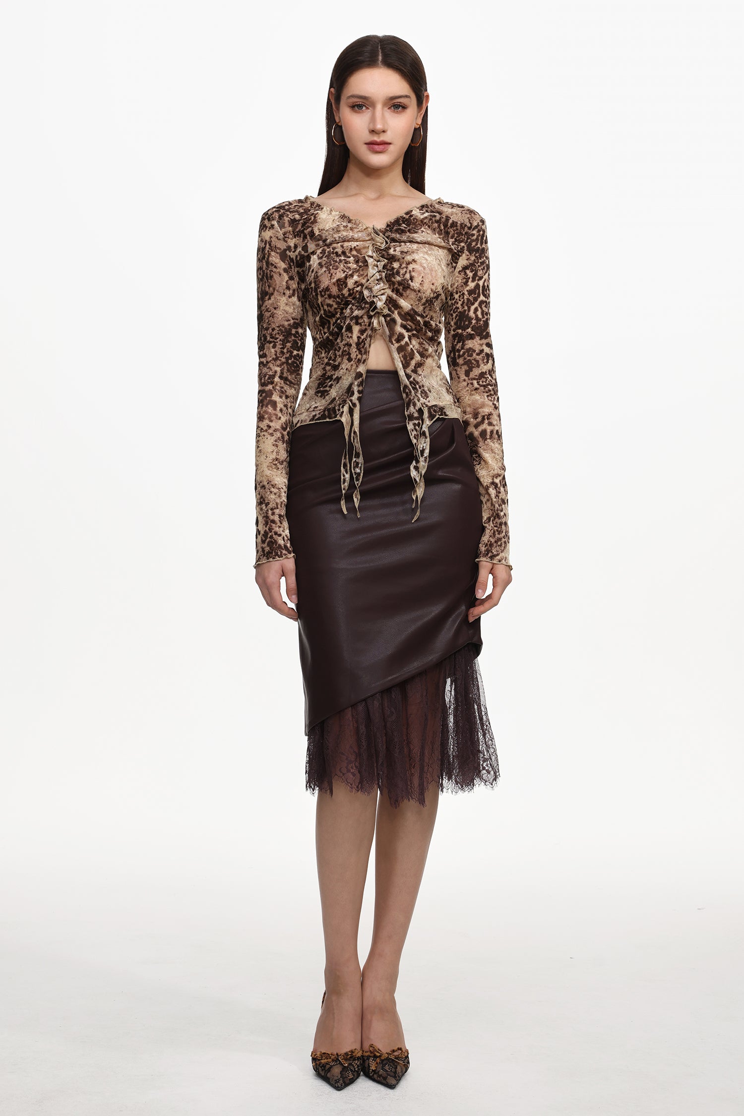 Yuhie Vintage Flocked  Top And Faux Leather Skirt Set	