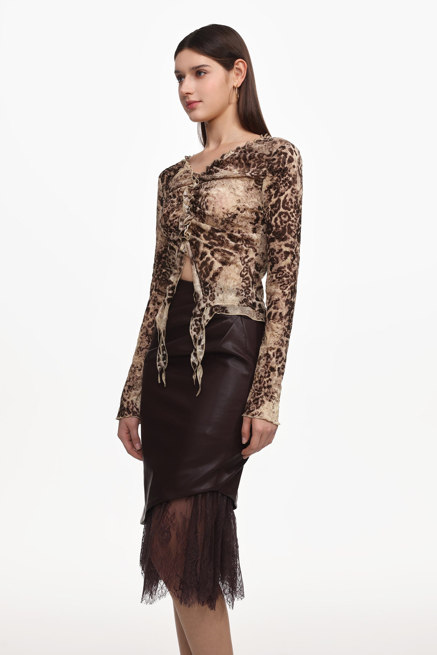 Yuhie Vintage Flocked  Top And Faux Leather Skirt Set	