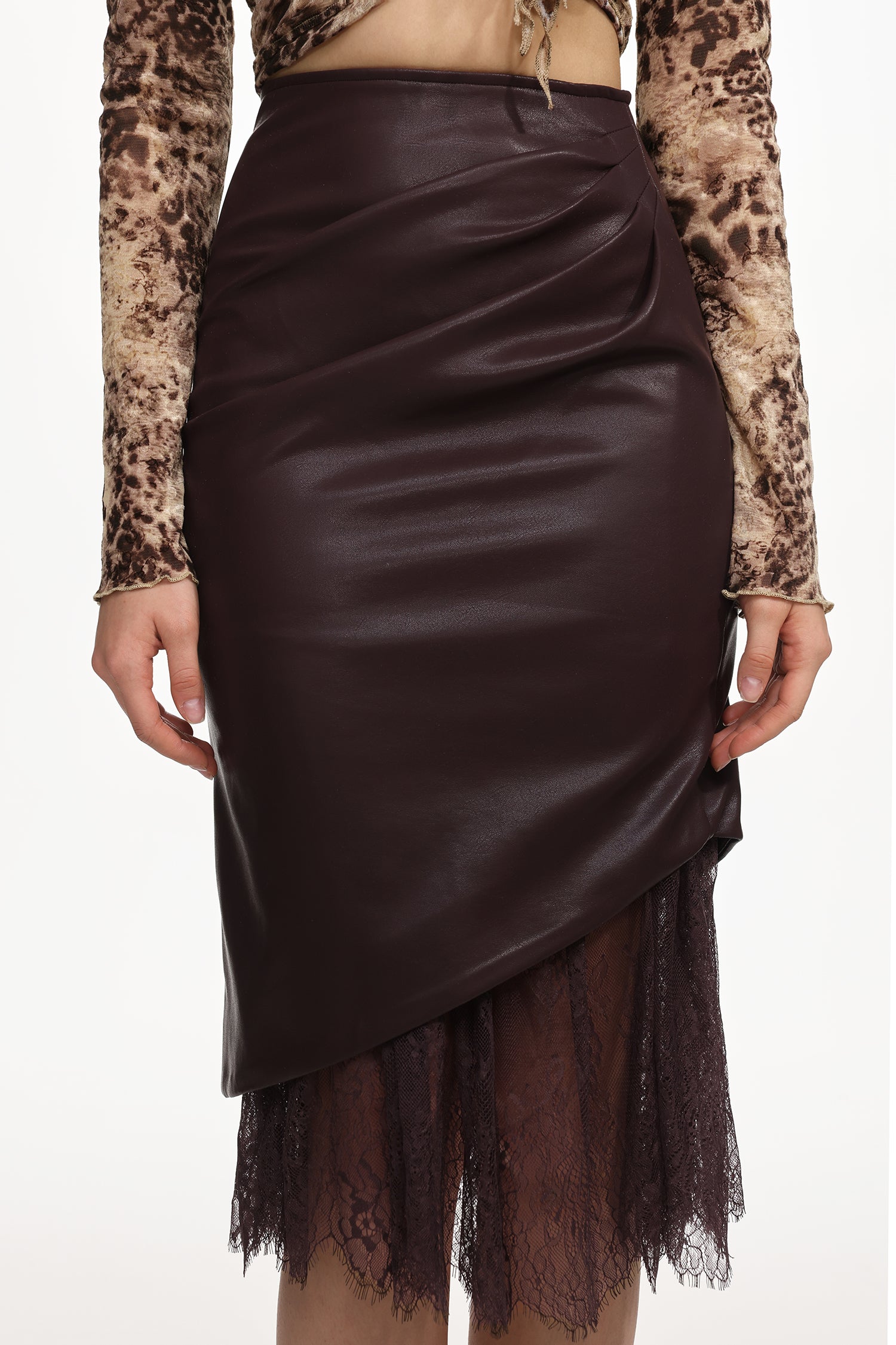 Yuhie Vintage Flocked  Top And Faux Leather Skirt Set	