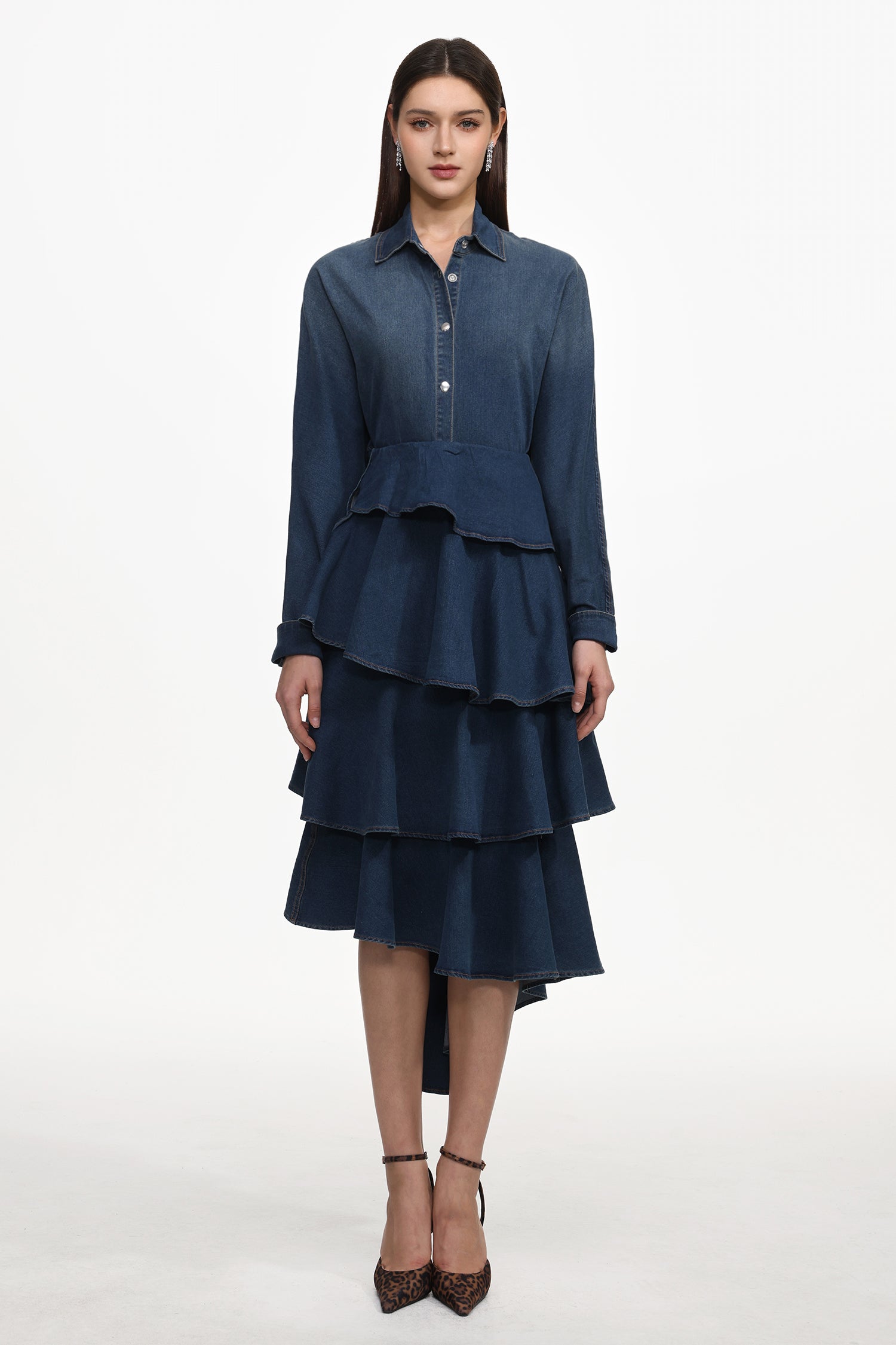 Imola Chic Flowy Long Sleeve Asymmetric Ruffle Denim Top And Skirt Set	