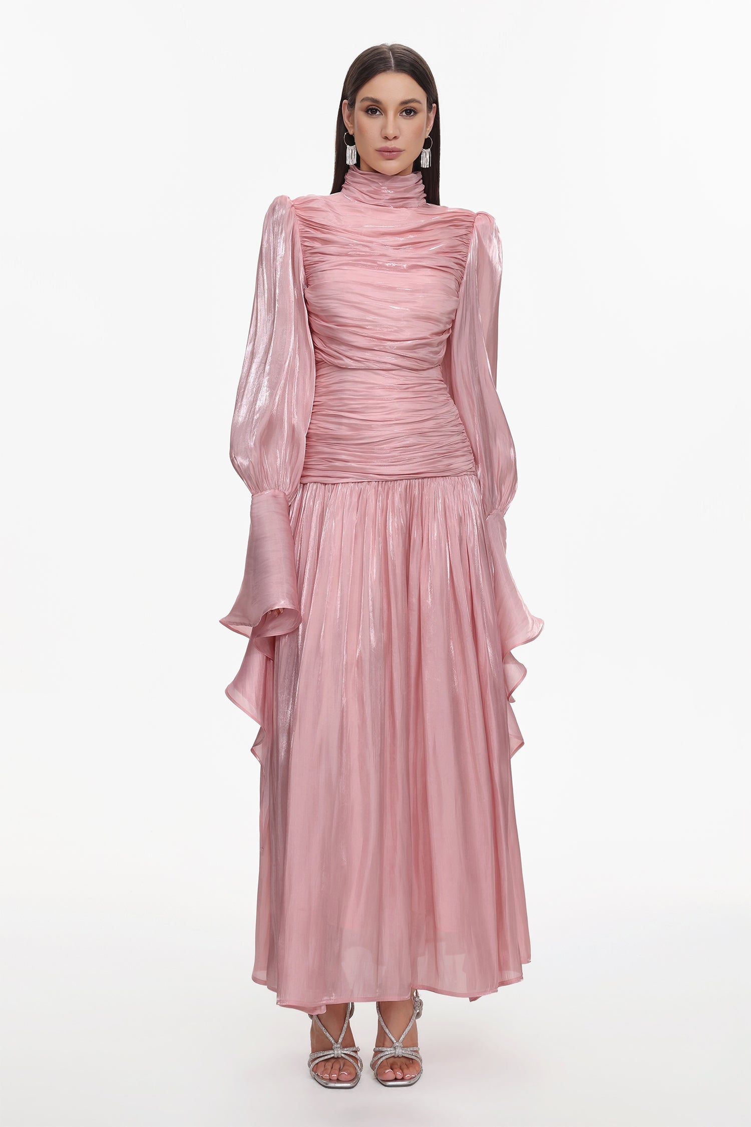 Viky Resort Waist-Defining Long Sleeve Ruched Woven Dark Pink Maxi Dress	