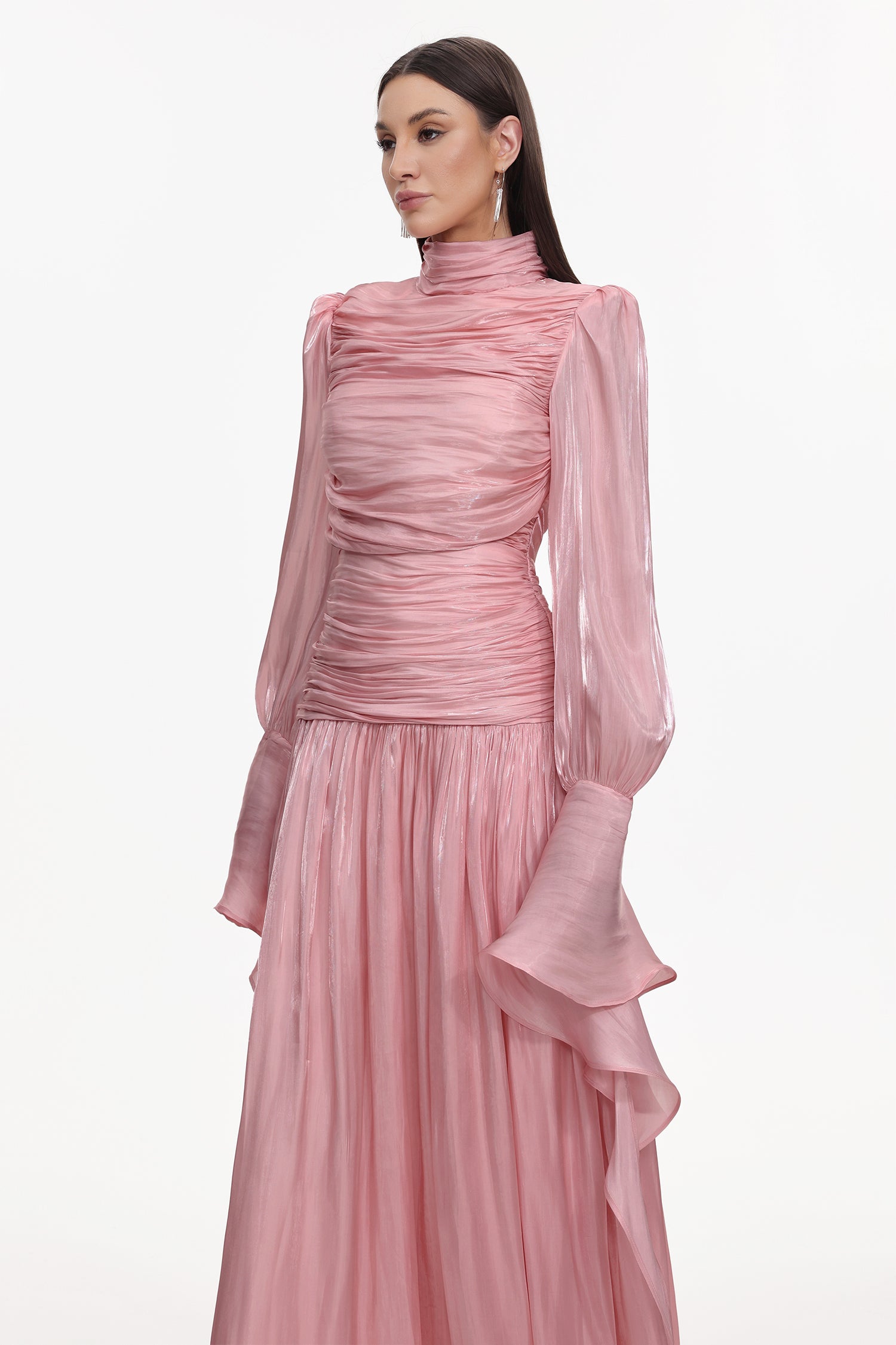 Viky Resort Waist-Defining Long Sleeve Ruched Woven Dark Pink Maxi Dress	