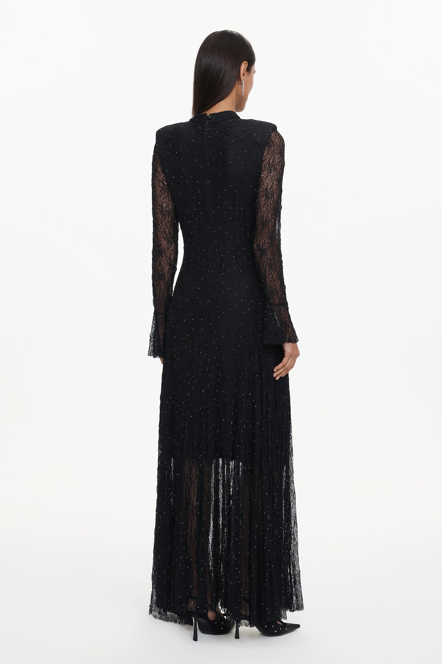 Hunter Elegant Contour Long Sleeve Crystal Lace Black Maxi Dress	