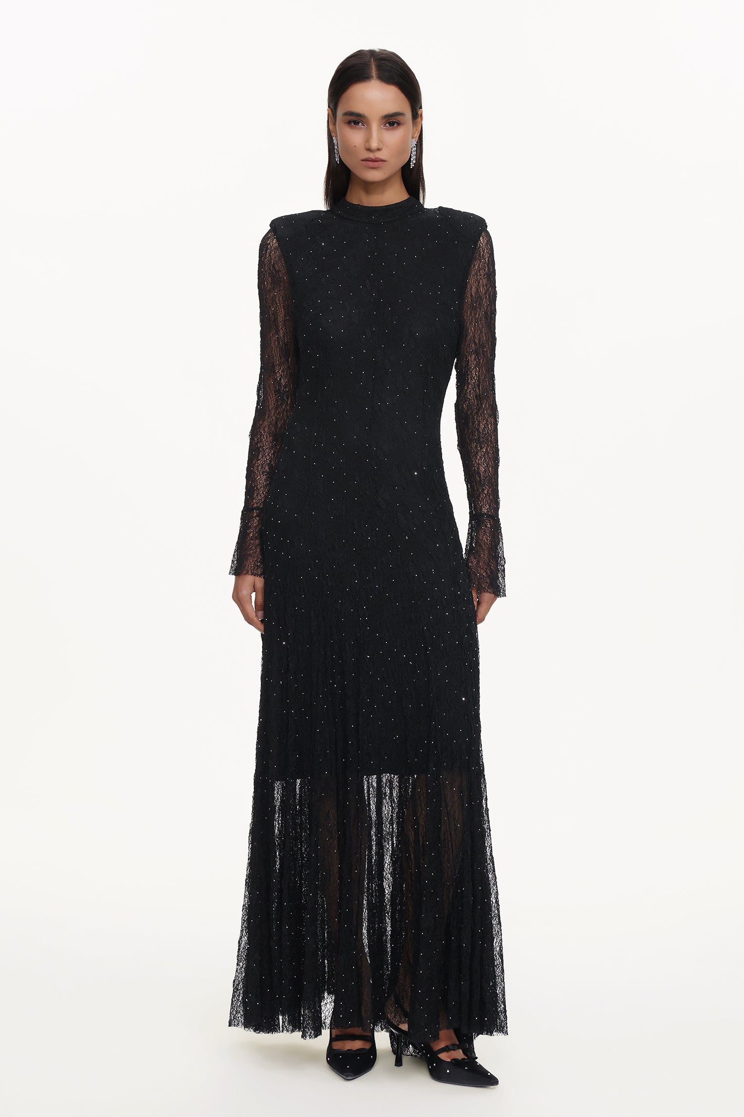 Hunter Elegant Contour Long Sleeve Crystal Lace Black Maxi Dress	