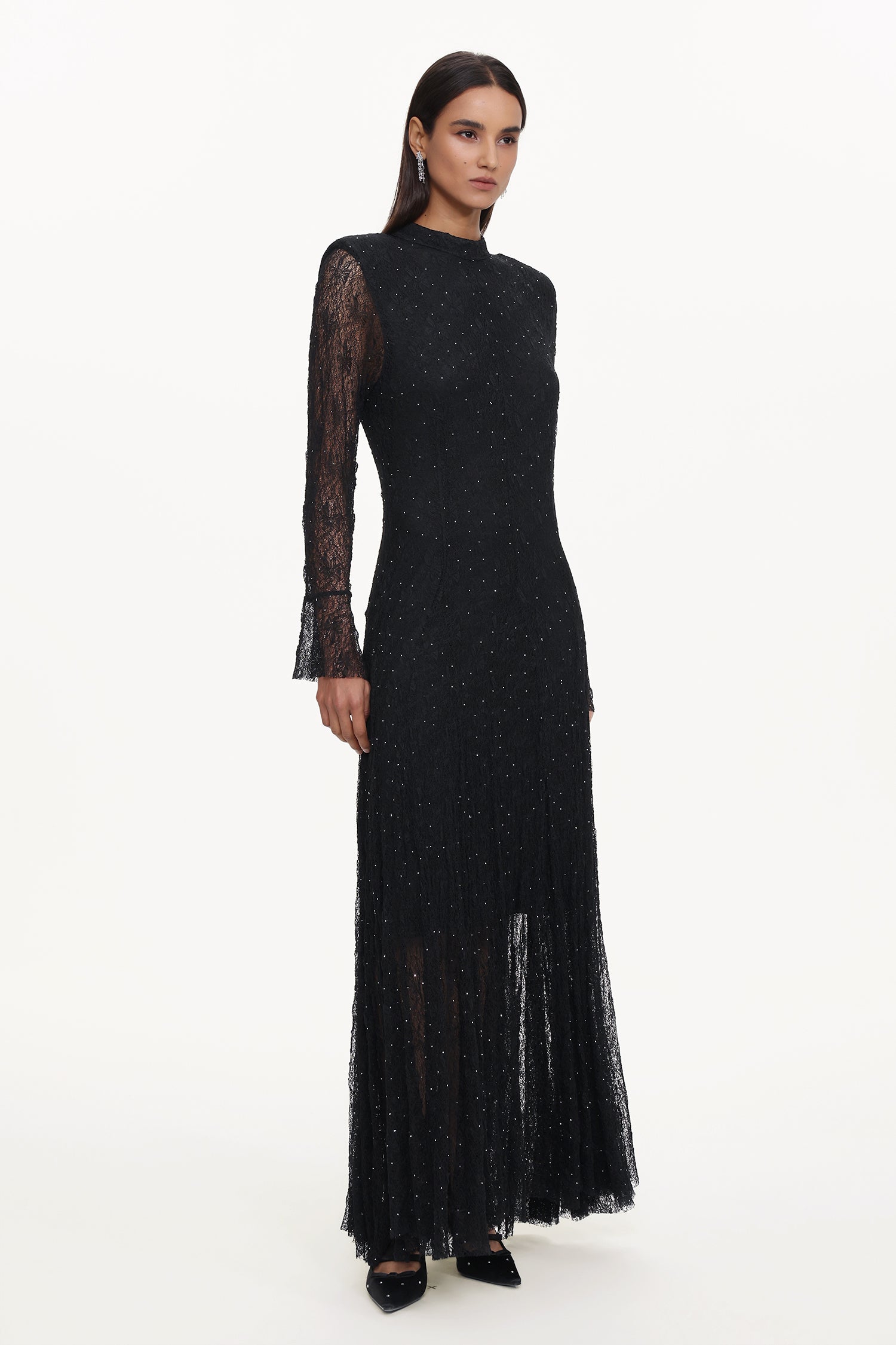 Hunter Elegant Contour Long Sleeve Crystal Lace Black Maxi Dress	