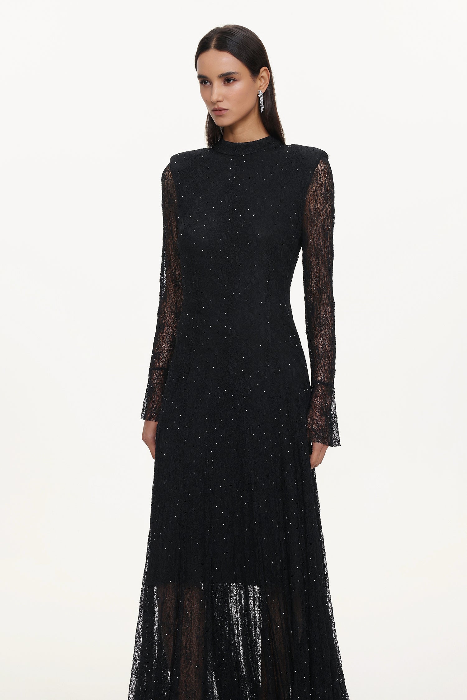 Hunter Elegant Contour Long Sleeve Crystal Lace Black Maxi Dress	