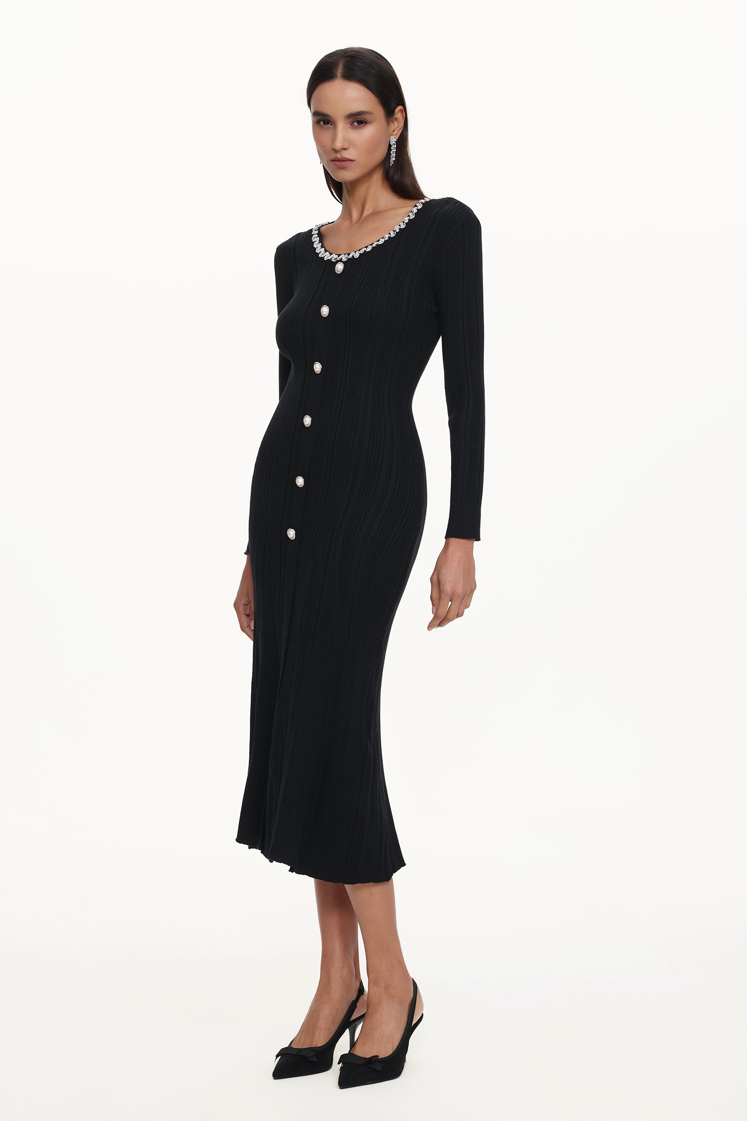 Ymmi Elegant Contour Long Sleeve Rhinestone Buttoned Knit Maxi Dress	