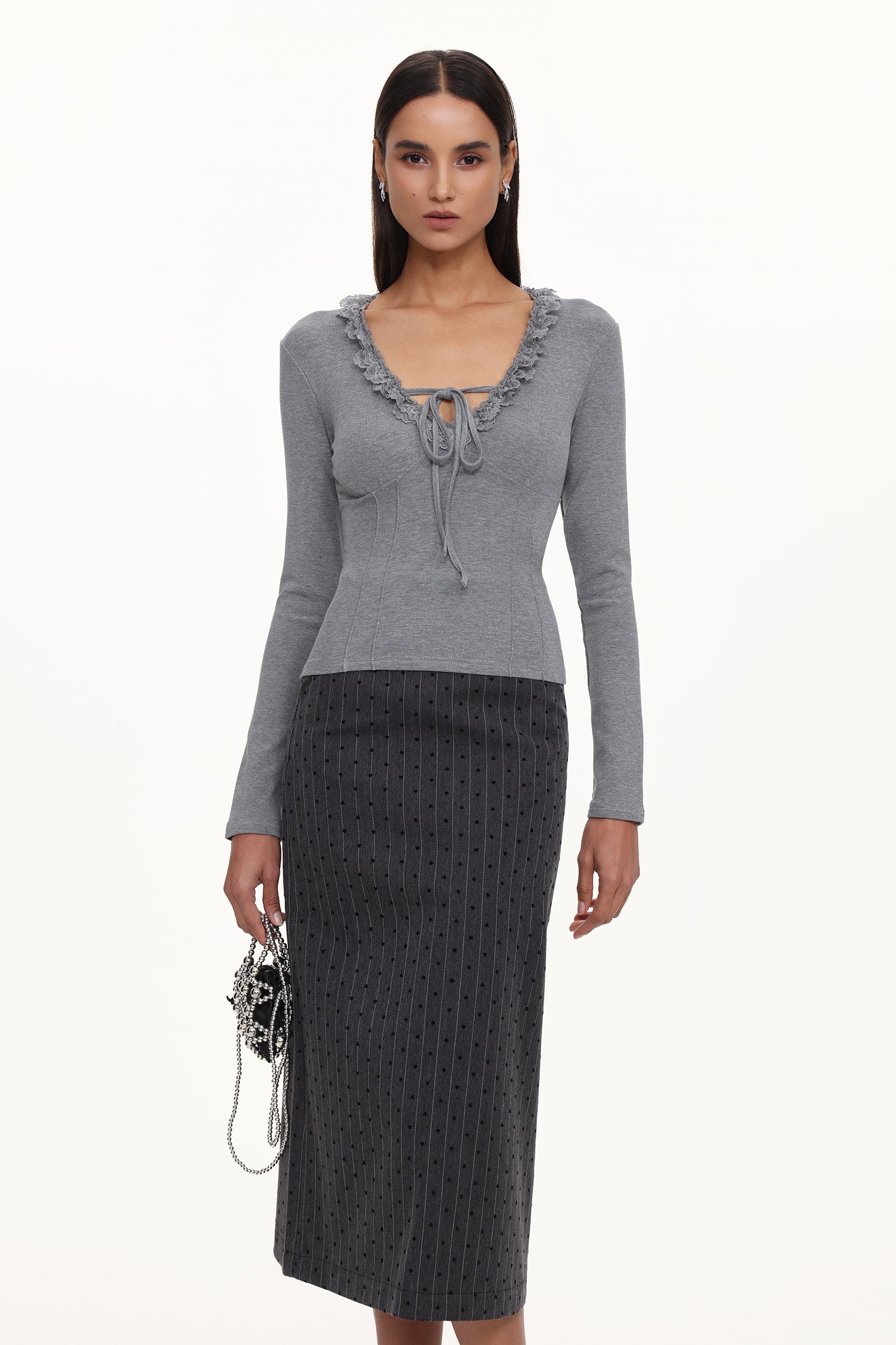 Jenny Chic Contour V Neck Long Sleeve Lace Knit Top	