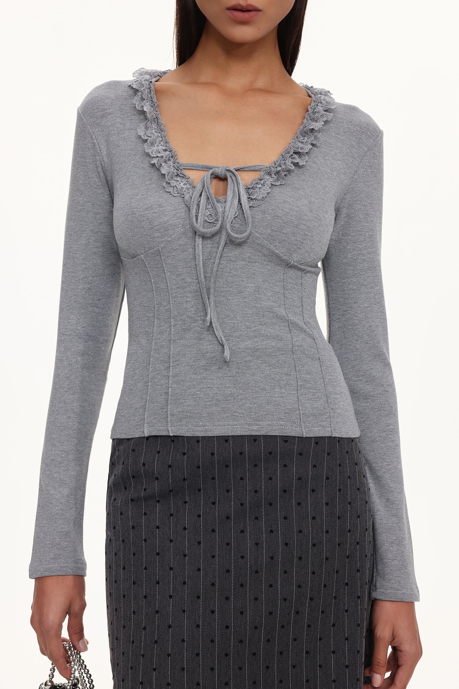 Jenny Chic Contour V Neck Long Sleeve Lace Knit Top	