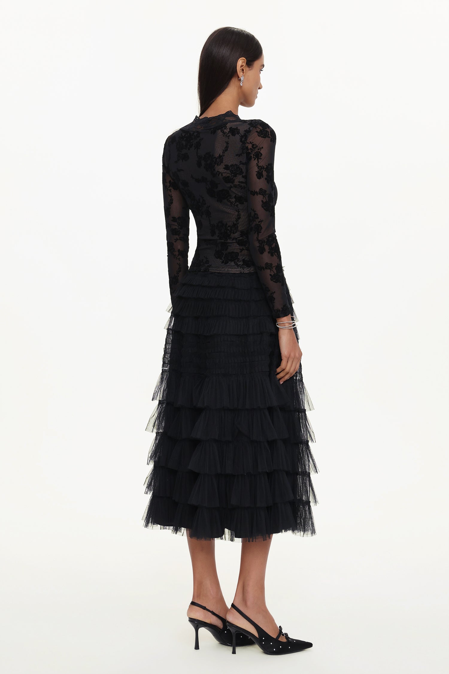 Tihila Romantic Contour V Neck Long Sleeve Buttoned Layered Lace Maxi Dress	