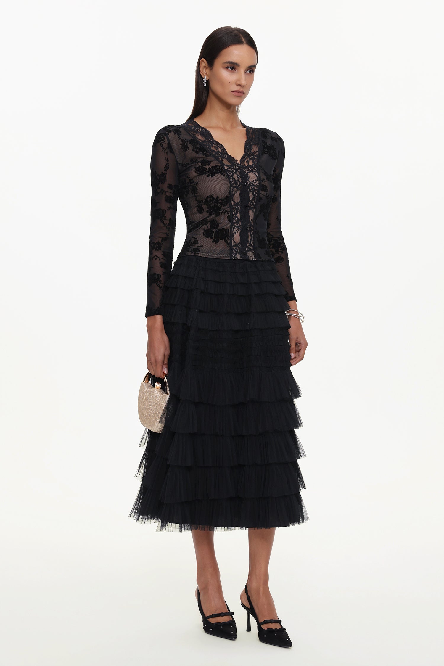 Tihila Romantic Contour V Neck Long Sleeve Buttoned Layered Lace Maxi Dress	