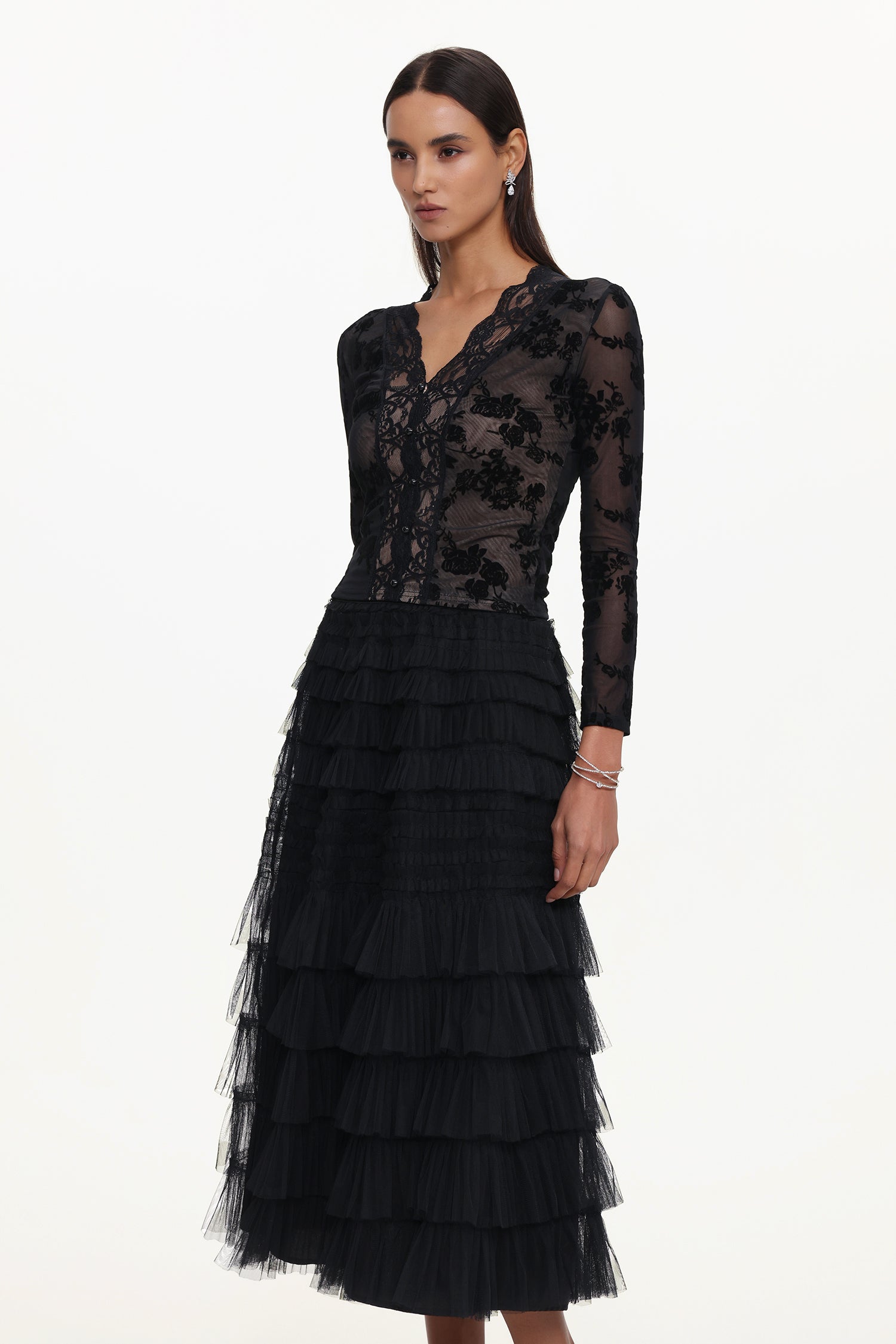 Tihila Romantic Contour V Neck Long Sleeve Buttoned Layered Lace Maxi Dress	