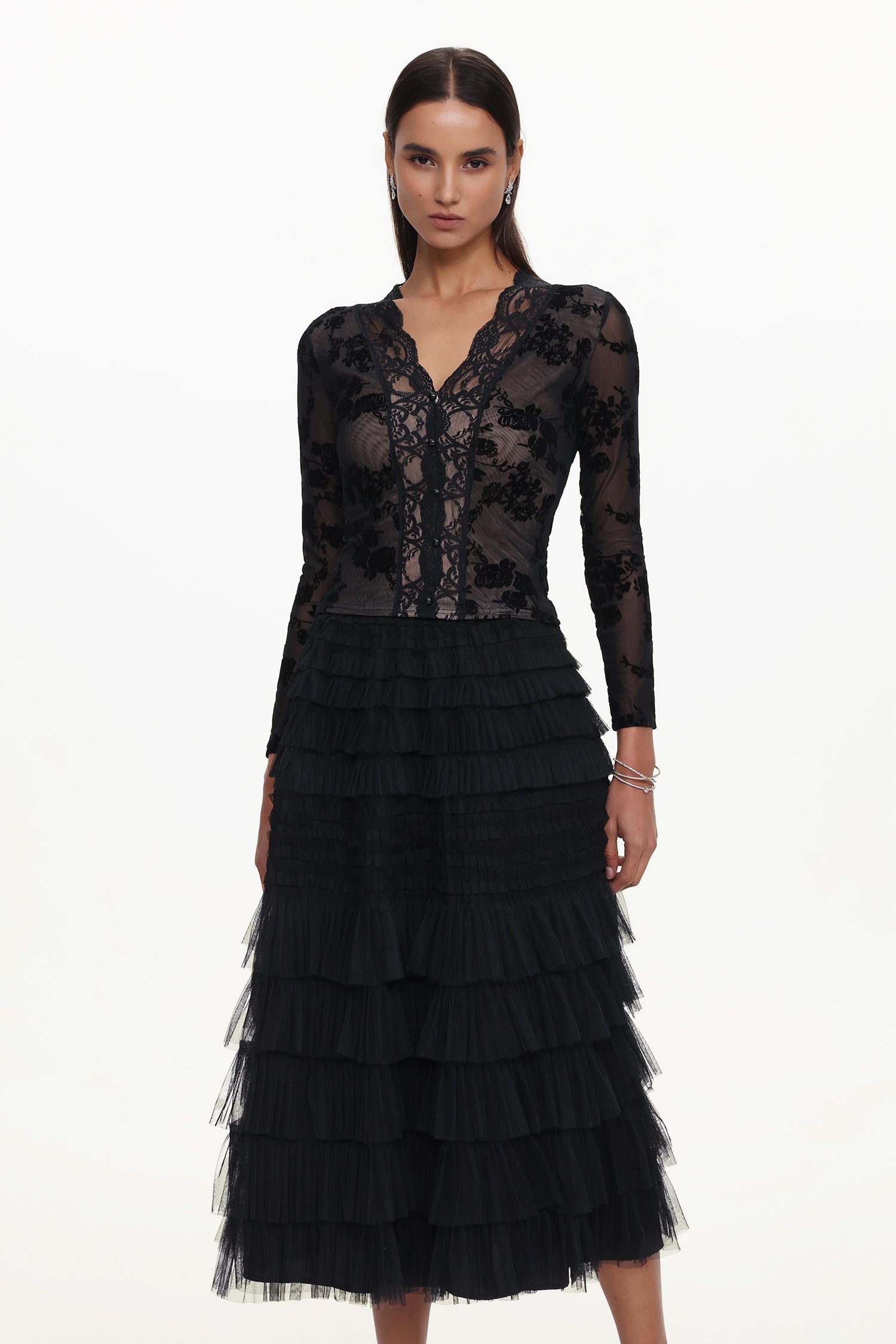Tihila Romantic Contour V Neck Long Sleeve Buttoned Layered Lace Maxi Dress	