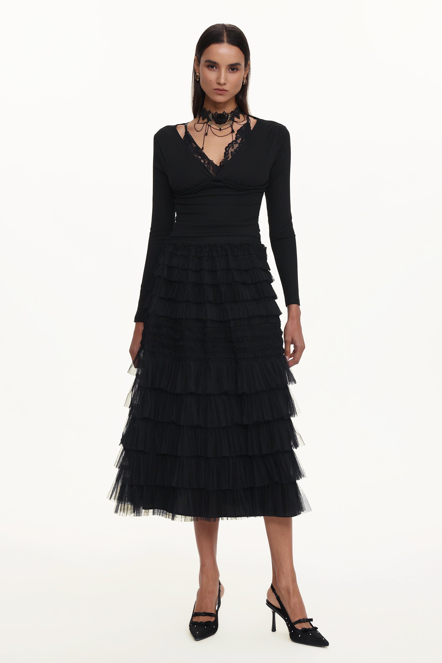 Taj Chic Contour V Neck Long Sleeve Buttoned Layered Lace Maxi Dress	