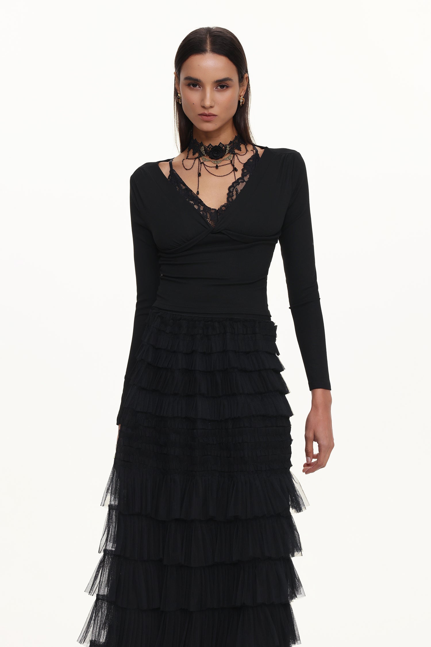 Taj Chic Contour V Neck Long Sleeve Buttoned Layered Lace Maxi Dress	