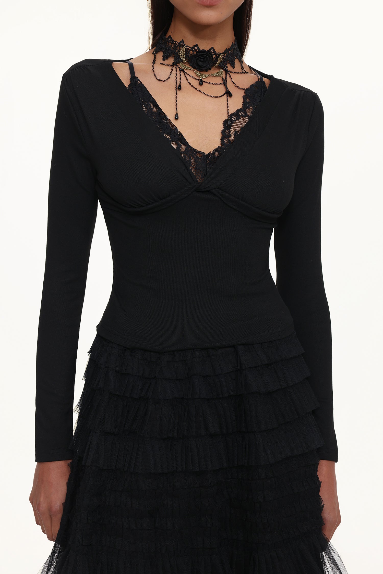 Taj Chic Contour V Neck Long Sleeve Buttoned Layered Lace Maxi Dress	