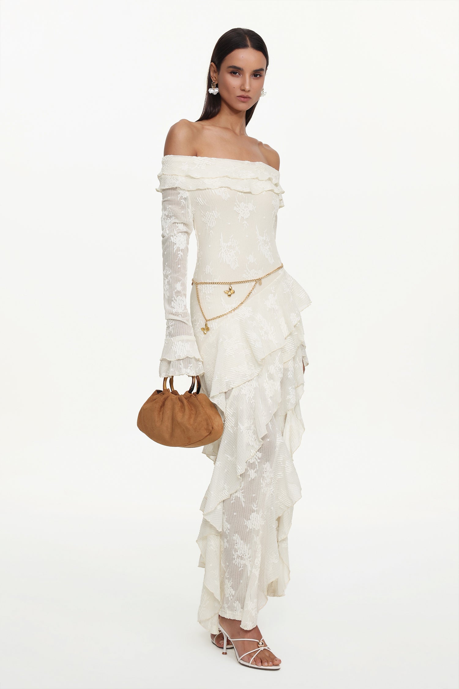 Tahoe Resort Flowy One Shoulder Long Sleeve Asymmetric Ruffle Knit Maxi Dress	