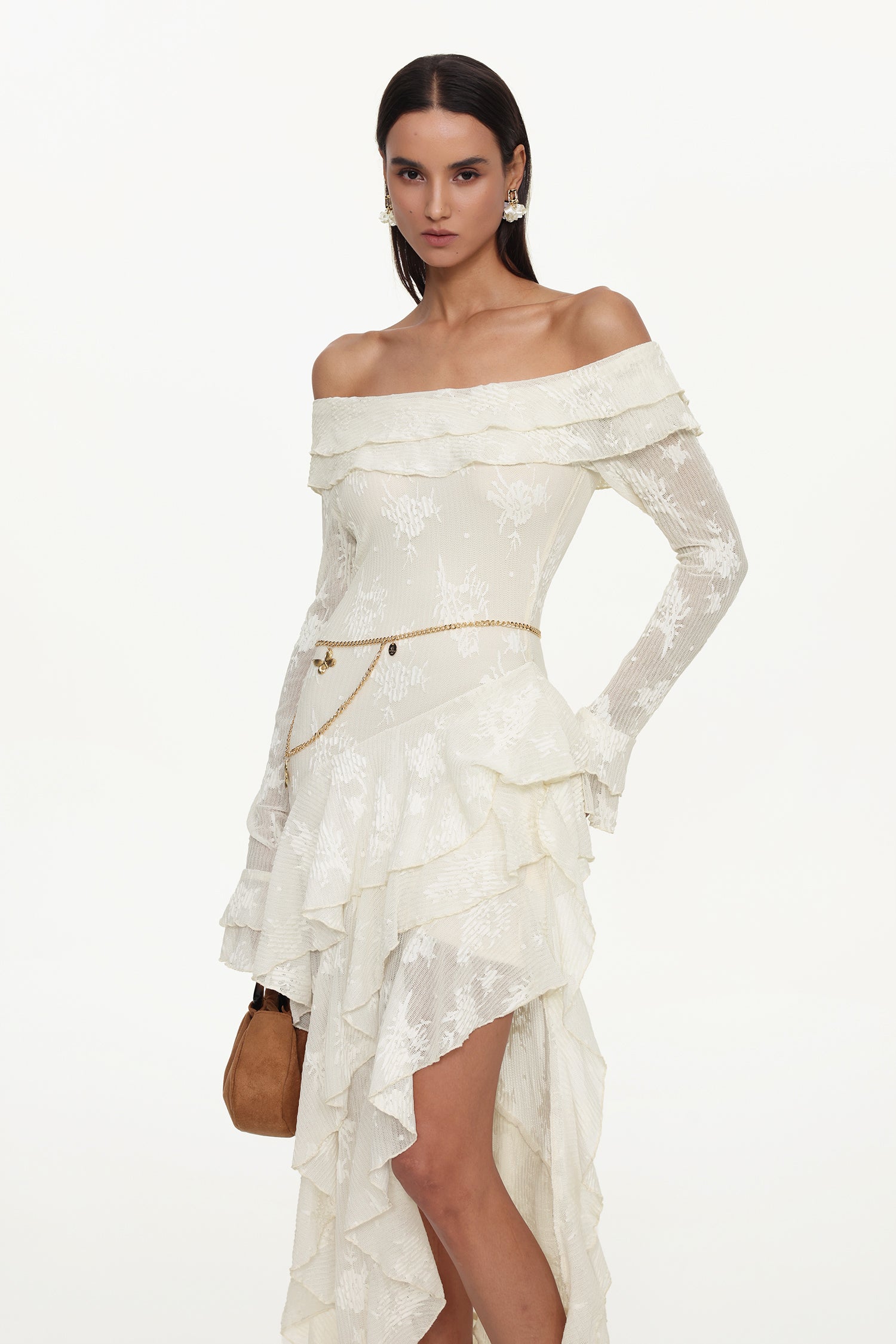 Tahoe Resort Flowy One Shoulder Long Sleeve Asymmetric Ruffle Knit Maxi Dress	