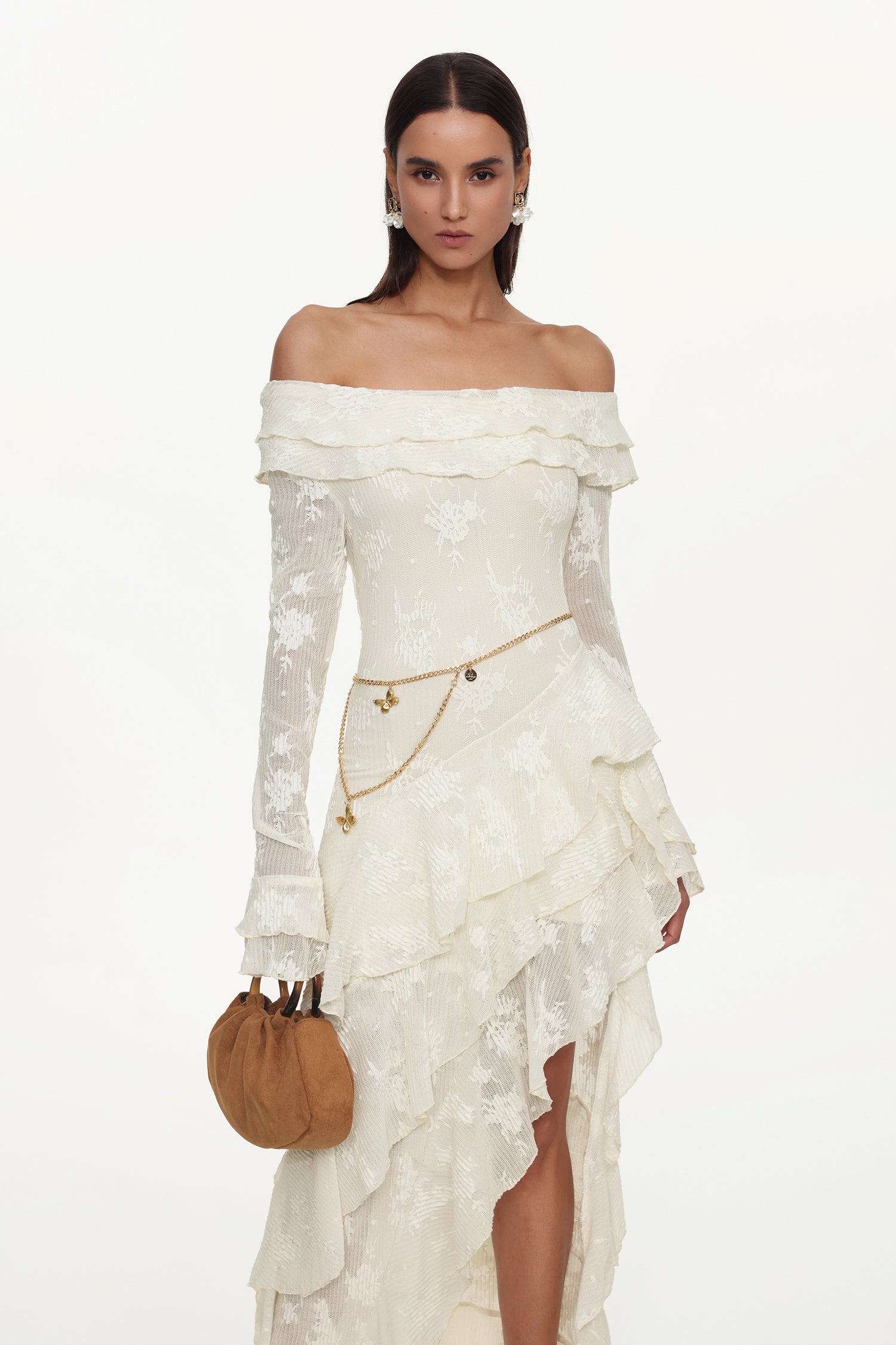 Tahoe Resort Flowy One Shoulder Long Sleeve Asymmetric Ruffle Knit Maxi Dress	