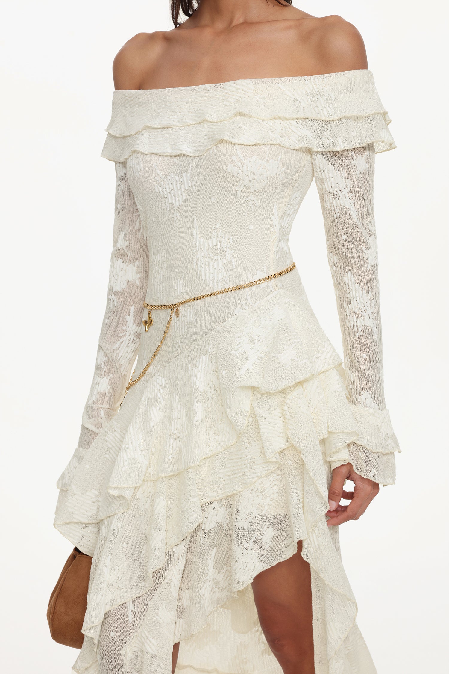 Tahoe Resort Flowy One Shoulder Long Sleeve Asymmetric Ruffle Knit Maxi Dress	