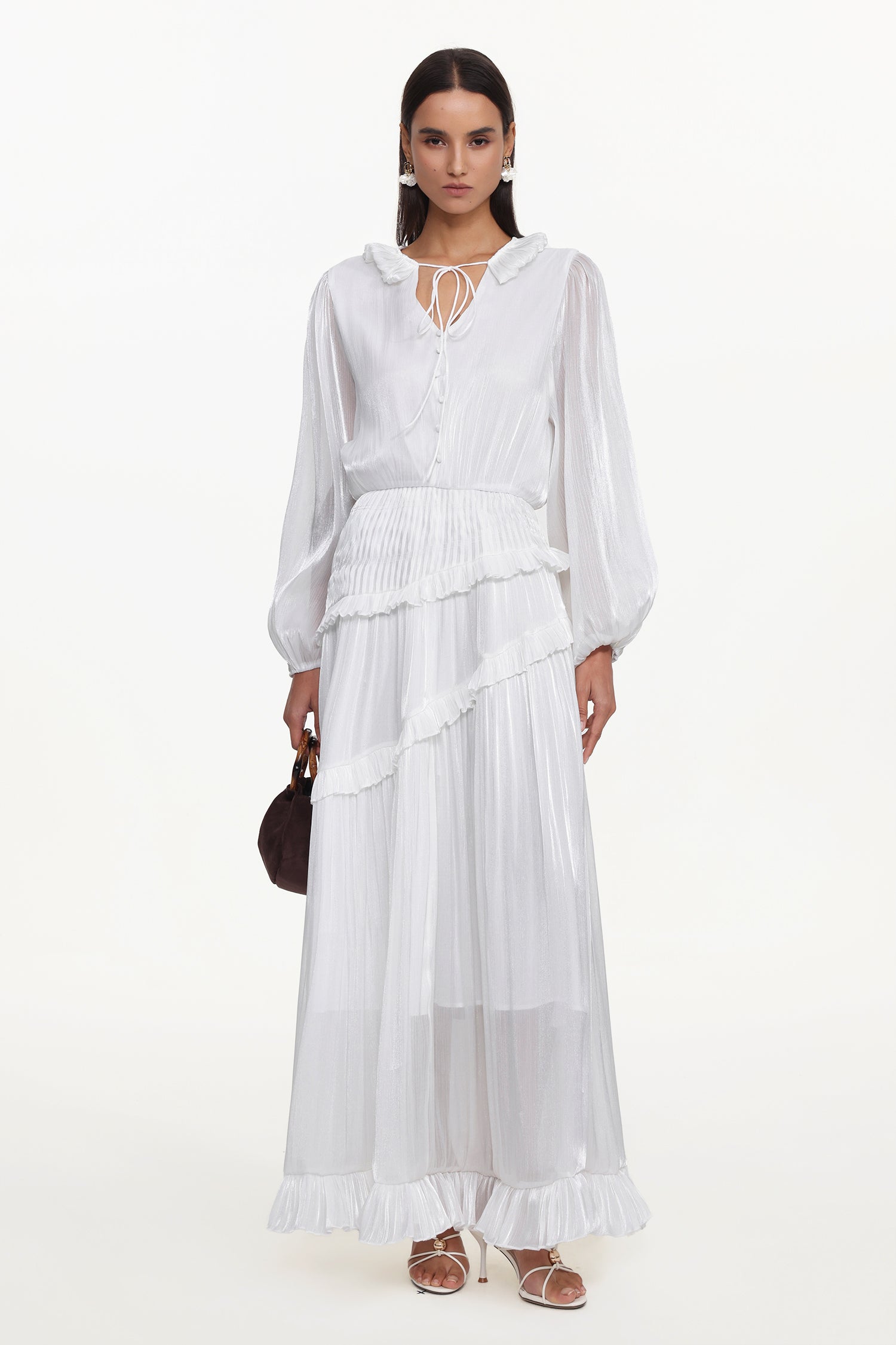Hlasa Resort Flowy Long Sleeve Ruffle Woven Maxi Dress	