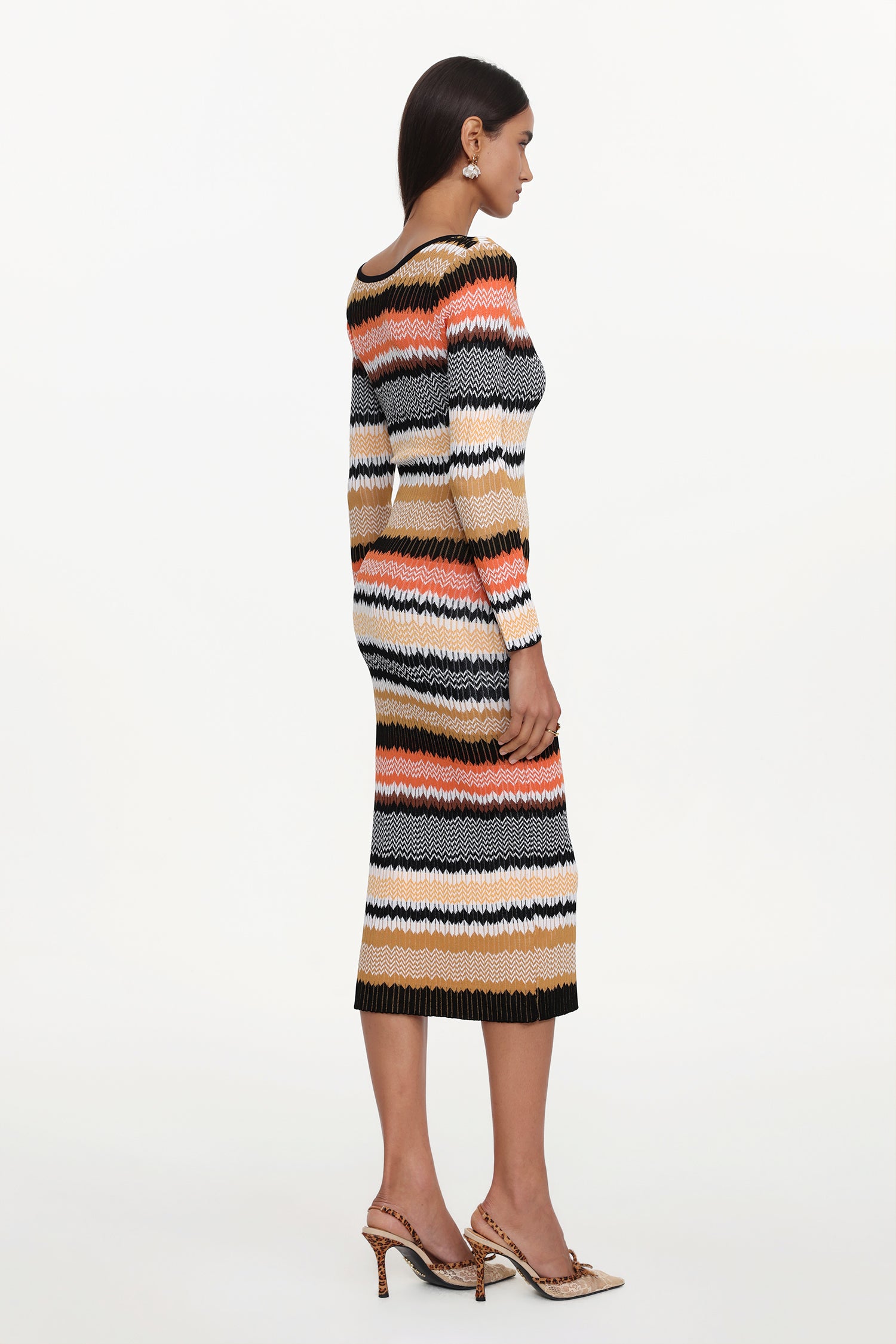 Nialla Elegant Contour Round Neck Long Sleeve Stripe Knit Maxi Dress	