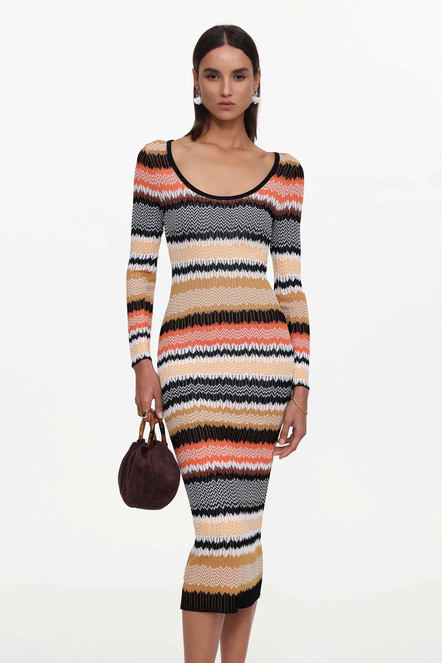 Nialla Elegant Contour Round Neck Long Sleeve Stripe Knit Maxi Dress	