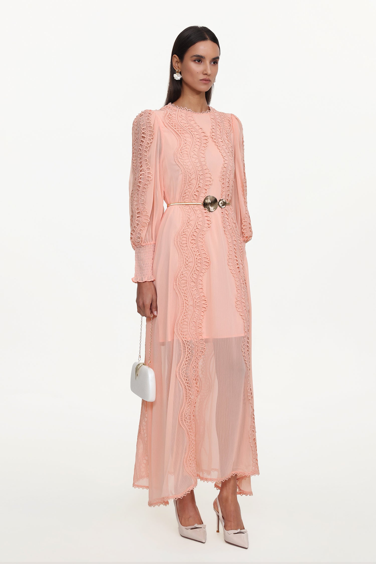 Pola Resort Flowy Round Neck Long Sleeve Floral Lace Woven Pink Maxi Dress	