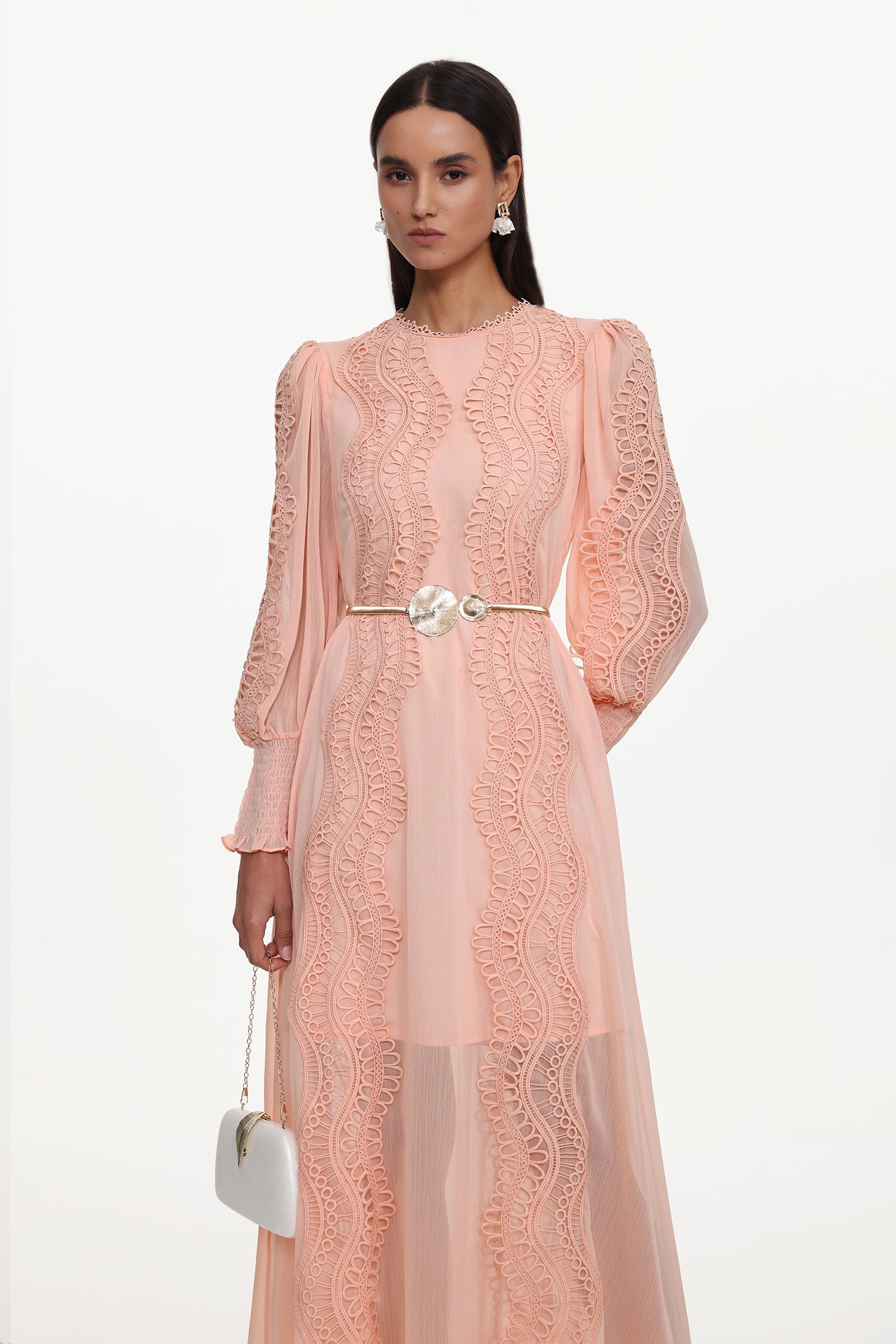 Pola Resort Flowy Round Neck Long Sleeve Floral Lace Woven Pink Maxi Dress	