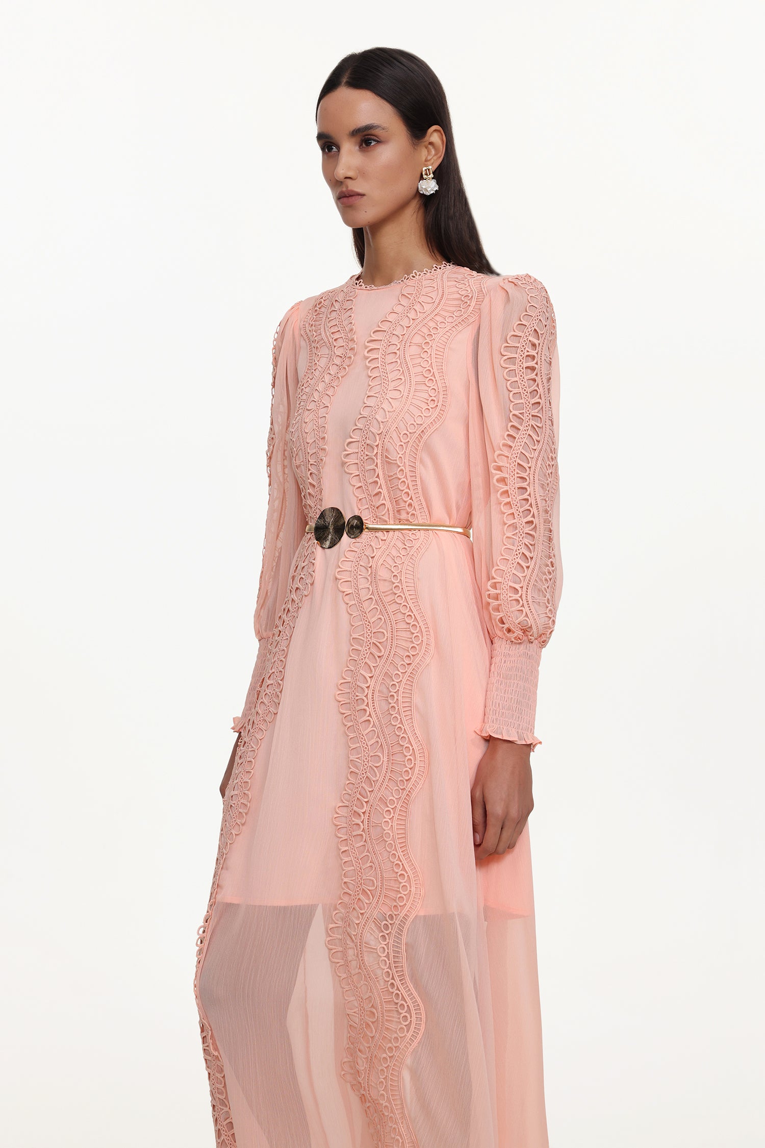 Pola Resort Flowy Round Neck Long Sleeve Floral Lace Woven Pink Maxi Dress	