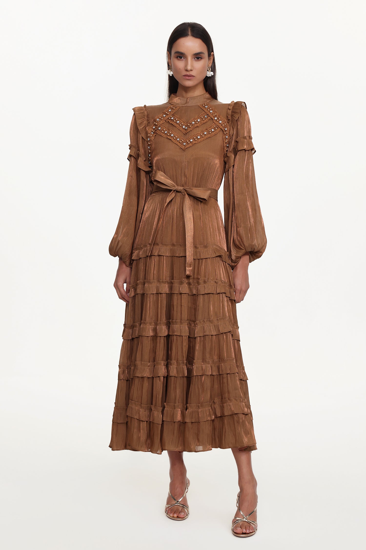 Saturn Resort Flowy Long Sleeve Rhinestone Ruffle Woven Maxi Dress	