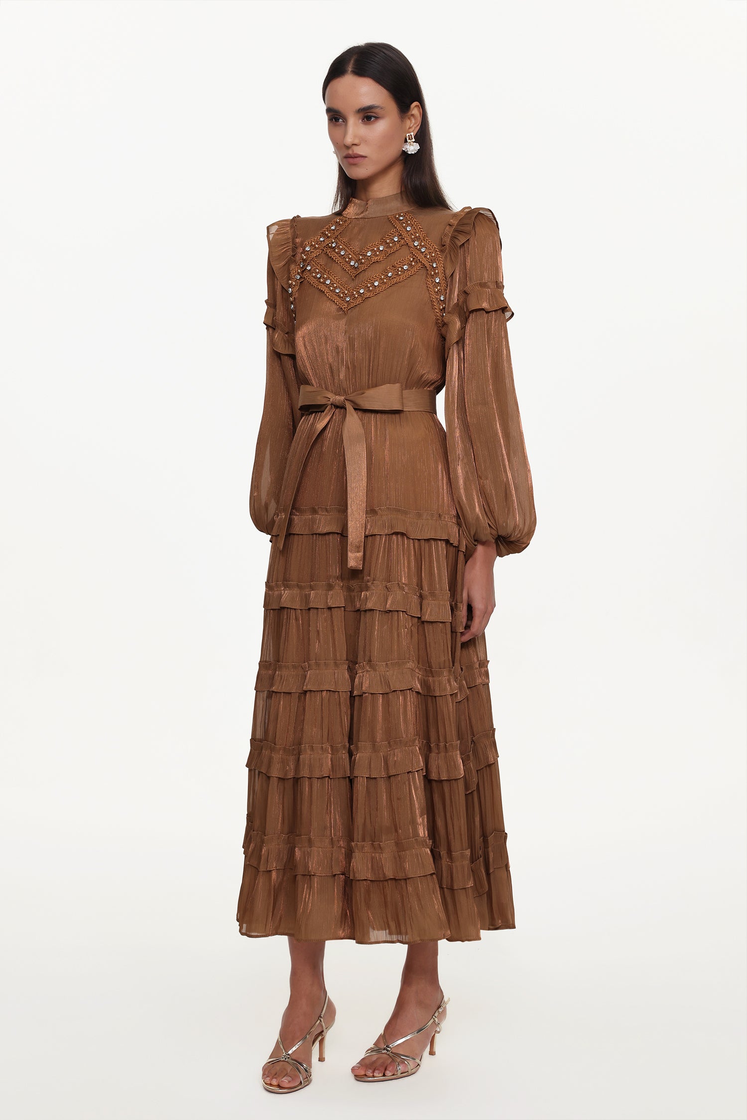 Saturn Resort Flowy Long Sleeve Rhinestone Ruffle Woven Maxi Dress	
