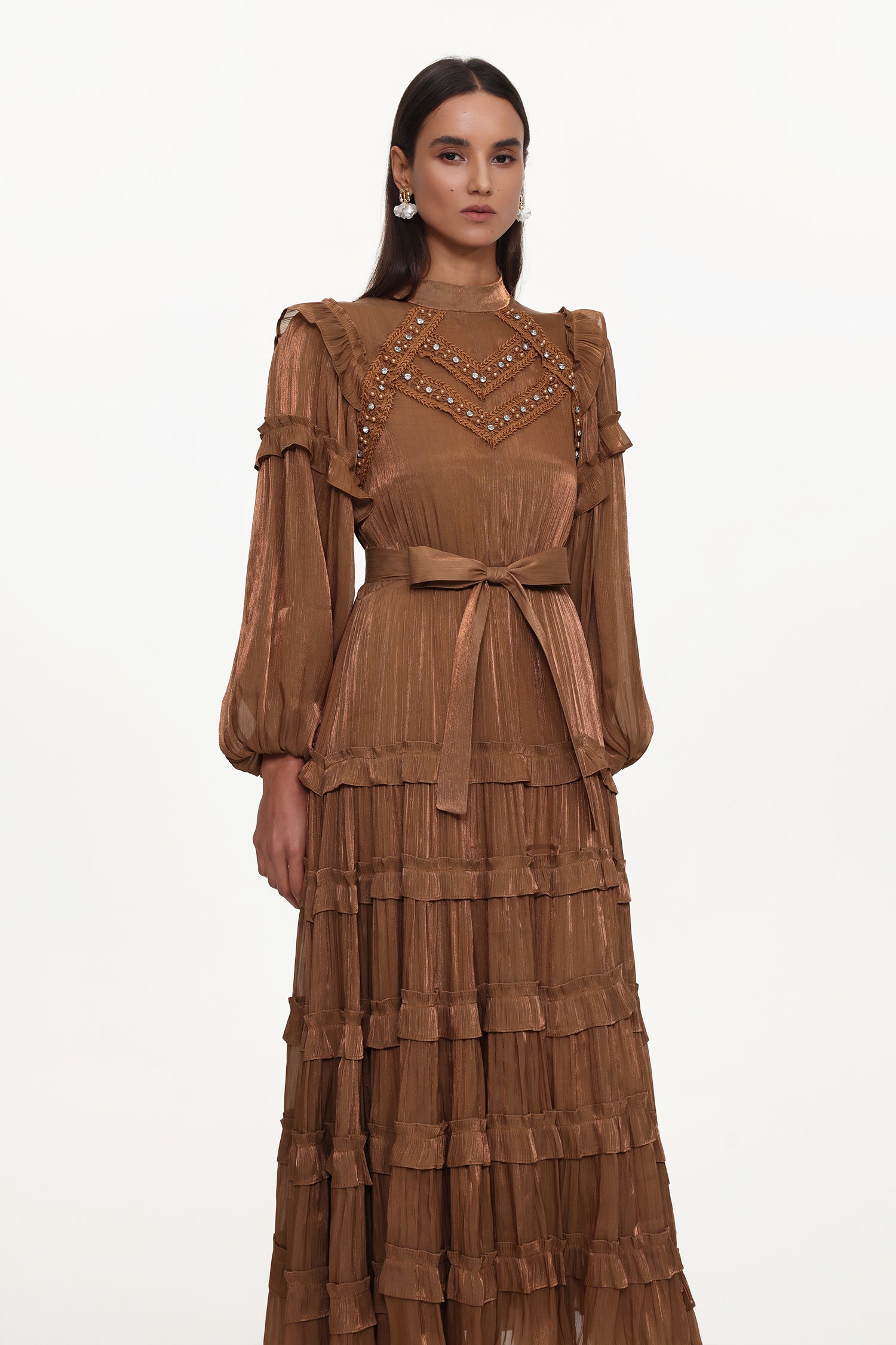 Saturn Resort Flowy Long Sleeve Rhinestone Ruffle Woven Maxi Dress	