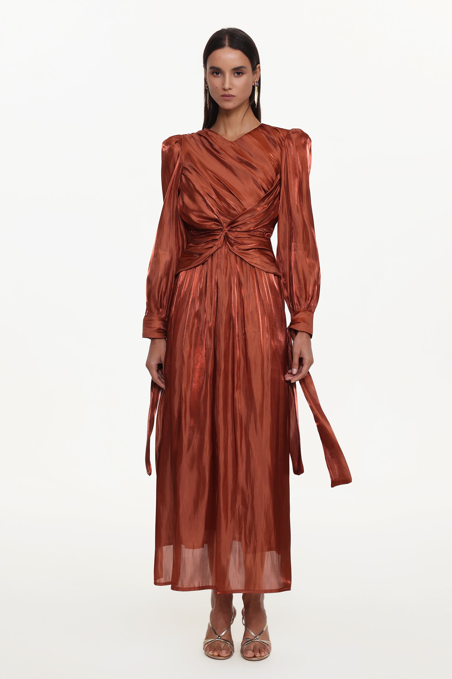 Irregular Resort Flowy Round Neck Long Sleeve Woven Maxi Dress	