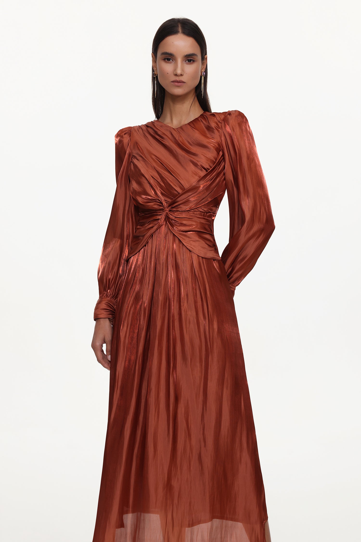 Irregular Resort Flowy Round Neck Long Sleeve Woven Maxi Dress	