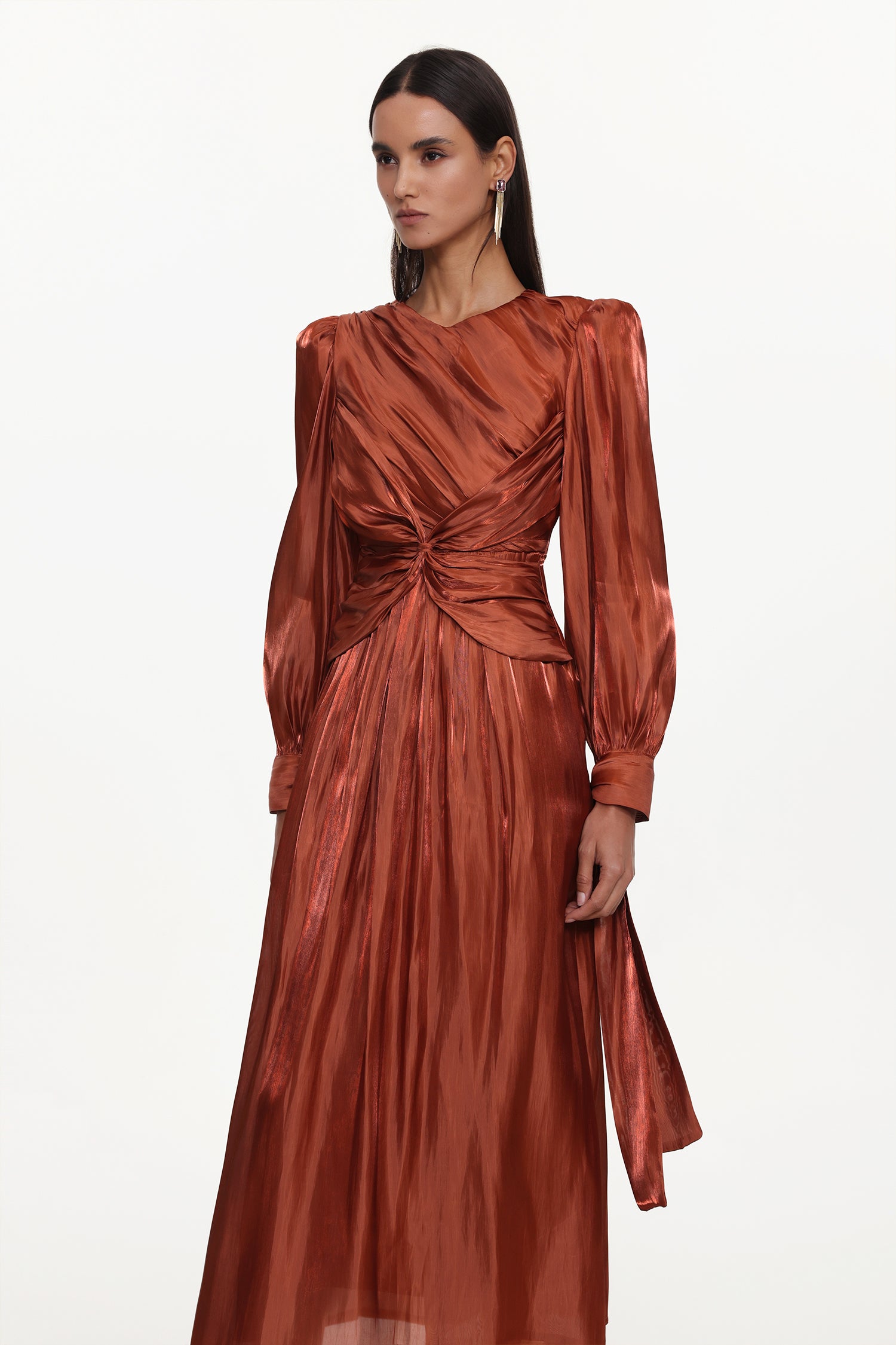 Irregular Resort Flowy Round Neck Long Sleeve Woven Maxi Dress	