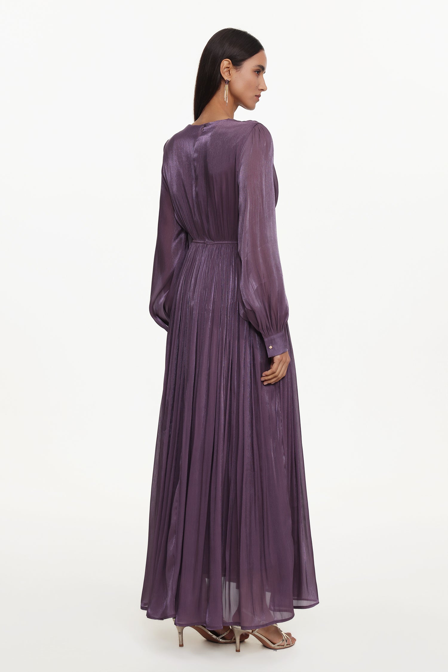 Viki Bohemian Flowy V-Neck Long Sleeve Pleated Beaded Woven Purple Maxi Dress	