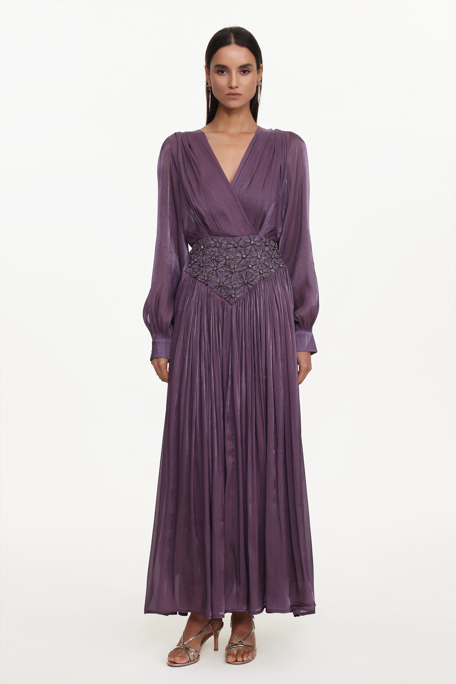 Viki Bohemian Flowy V-Neck Long Sleeve Pleated Beaded Woven Purple Maxi Dress	