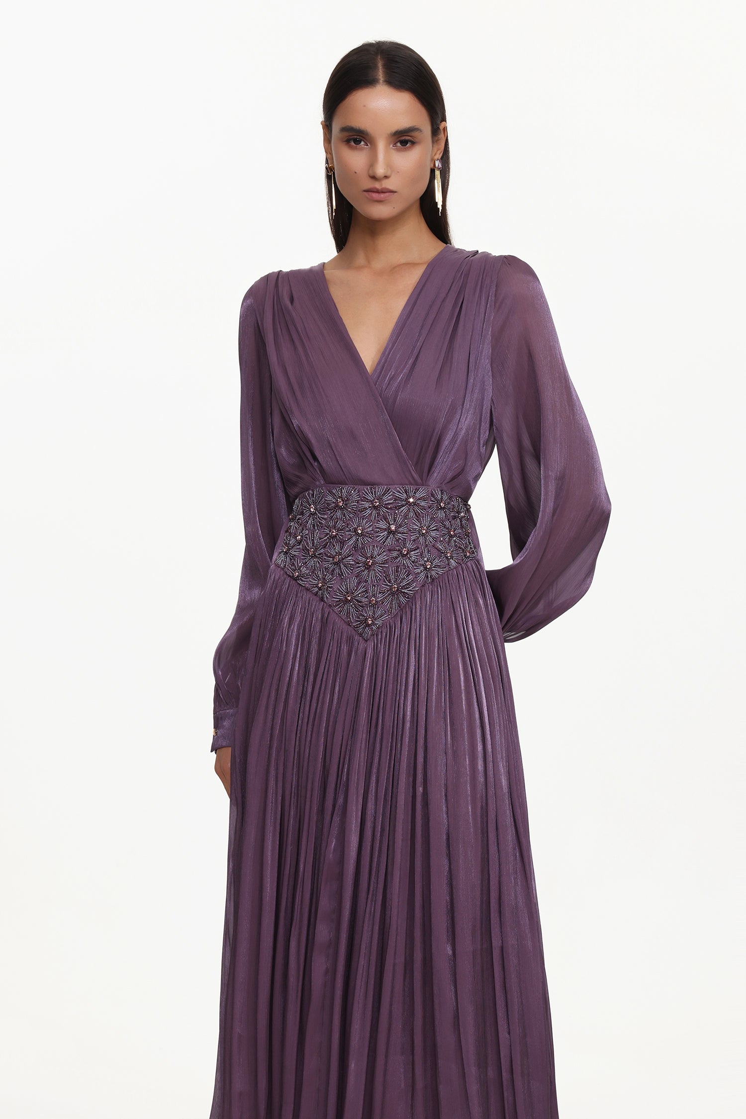 Viki Bohemian Flowy V-Neck Long Sleeve Pleated Beaded Woven Purple Maxi Dress	