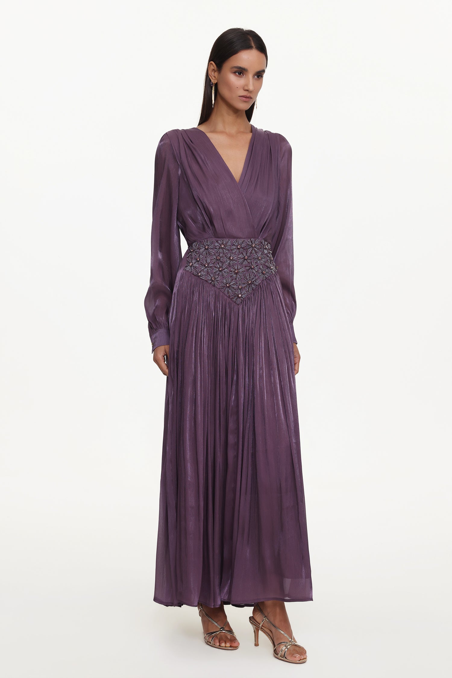 Viki Bohemian Flowy V-Neck Long Sleeve Pleated Beaded Woven Purple Maxi Dress	