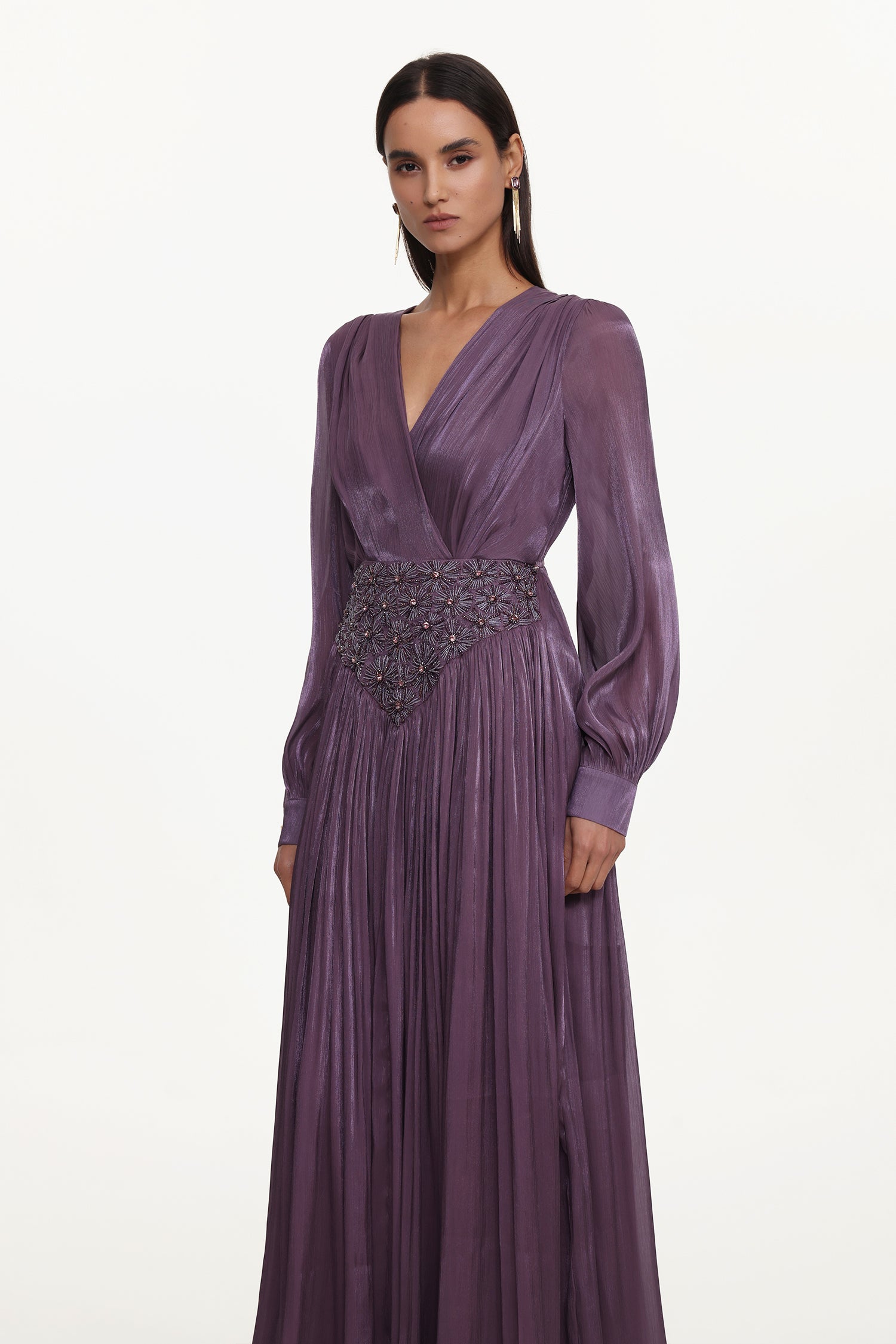 Viki Bohemian Flowy V-Neck Long Sleeve Pleated Beaded Woven Purple Maxi Dress	