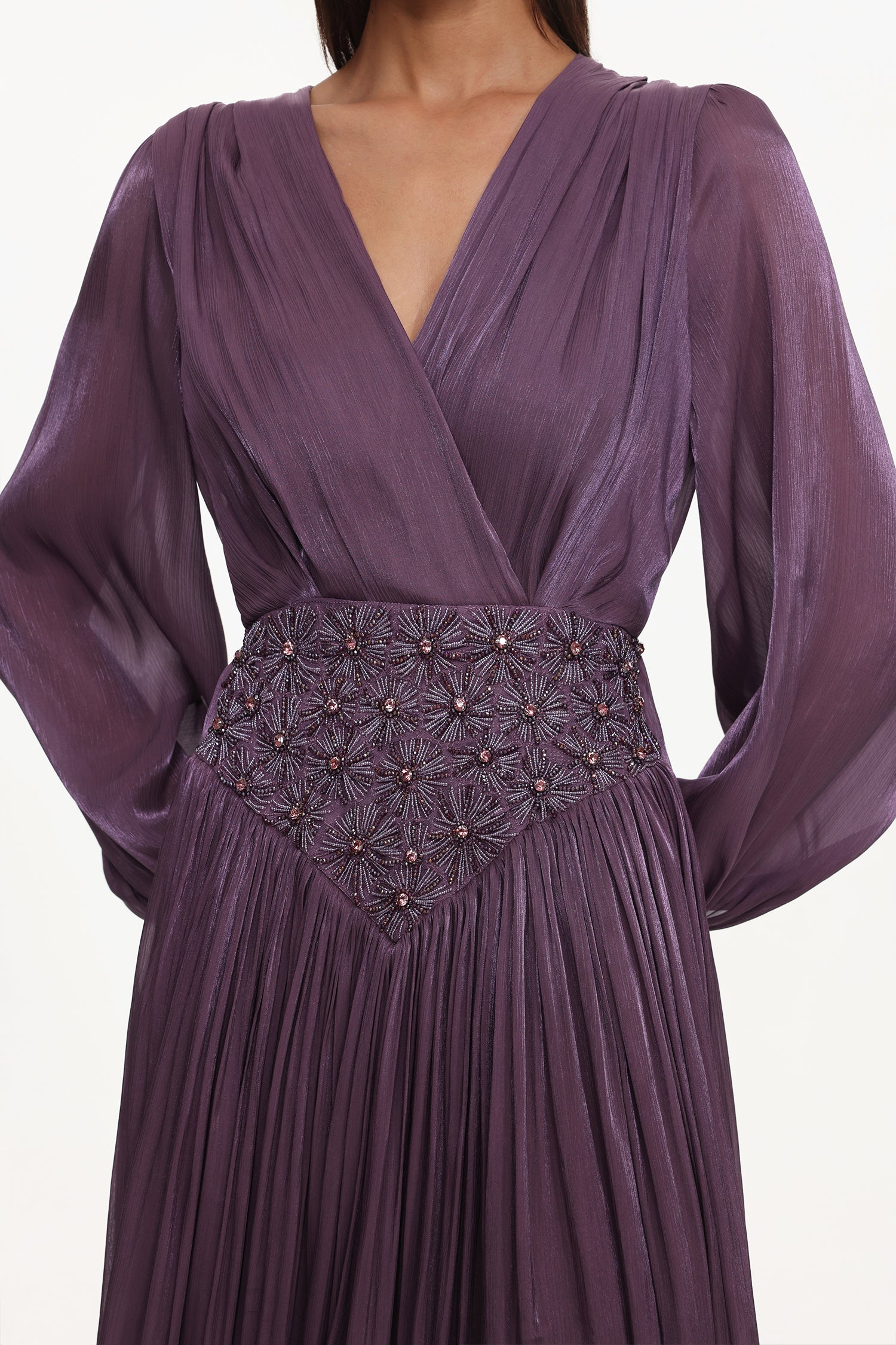 Viki Bohemian Flowy V-Neck Long Sleeve Pleated Beaded Woven Purple Maxi Dress	