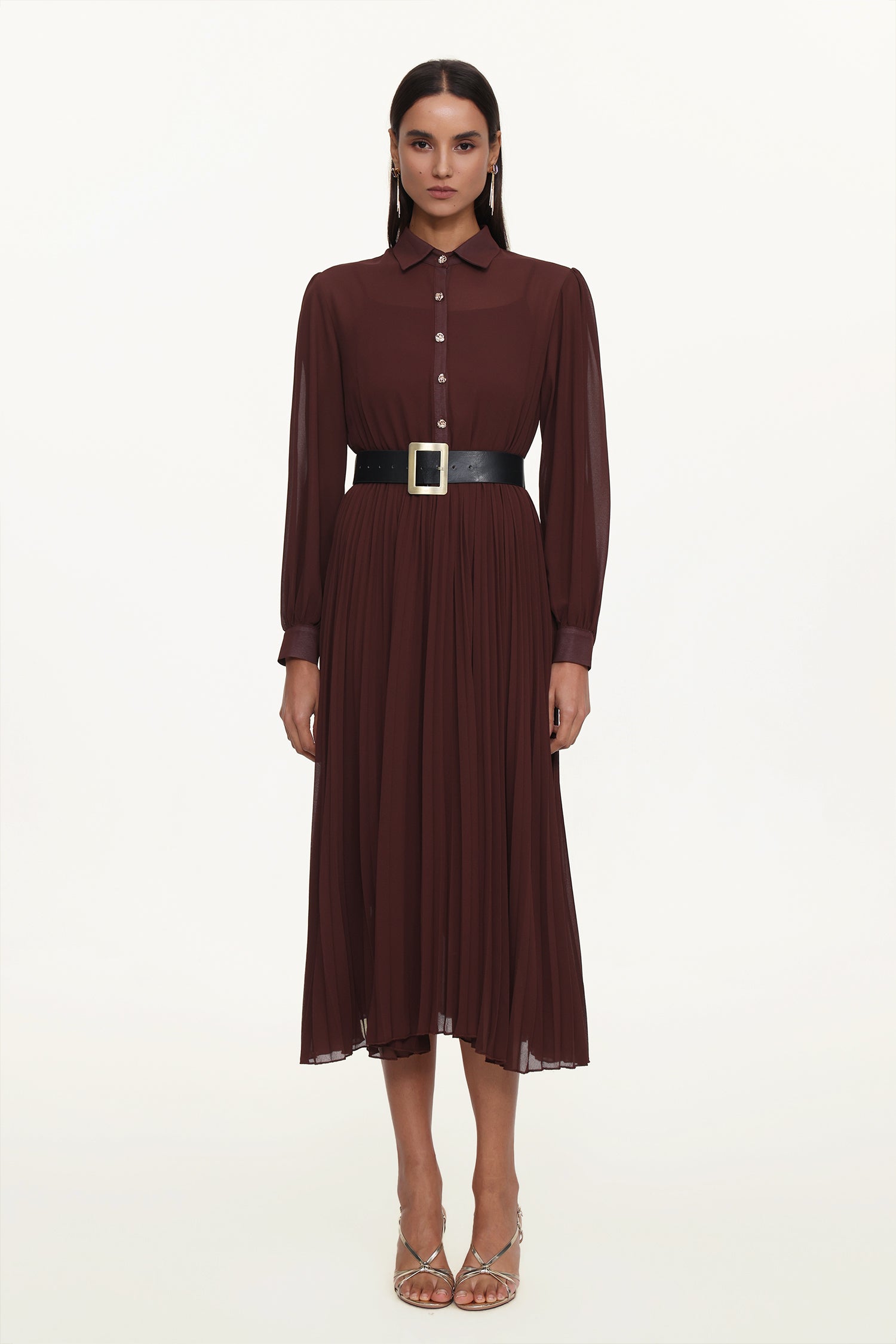 Evie Elegant Flowy Long Sleeve Pleated Woven Maxi Dress	
