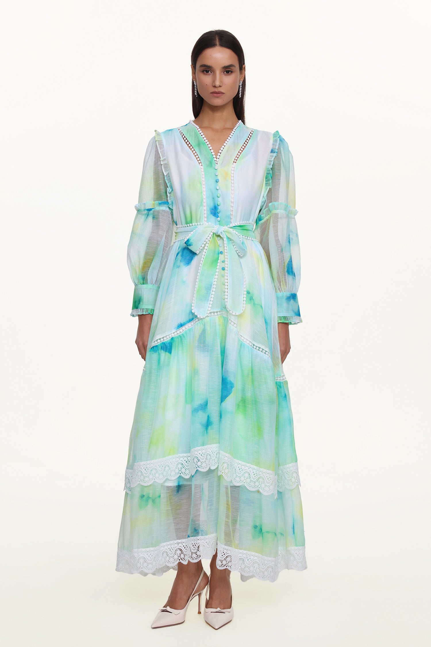 Natalya Resort Flowy Long Sleeve Lace Abstract Print Ruffle Woven Green Maxi Dress	