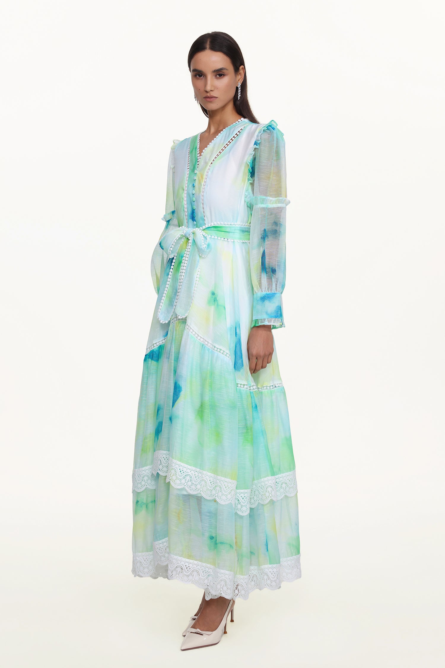 Natalya Resort Flowy Long Sleeve Lace Abstract Print Ruffle Woven Green Maxi Dress	