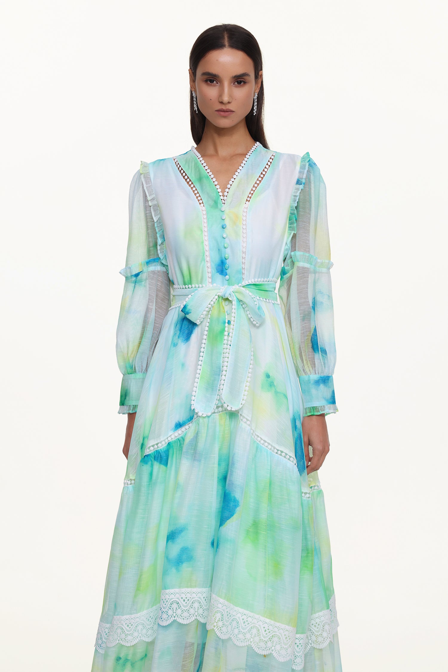 Natalya Resort Flowy Long Sleeve Lace Abstract Print Ruffle Woven Green Maxi Dress	