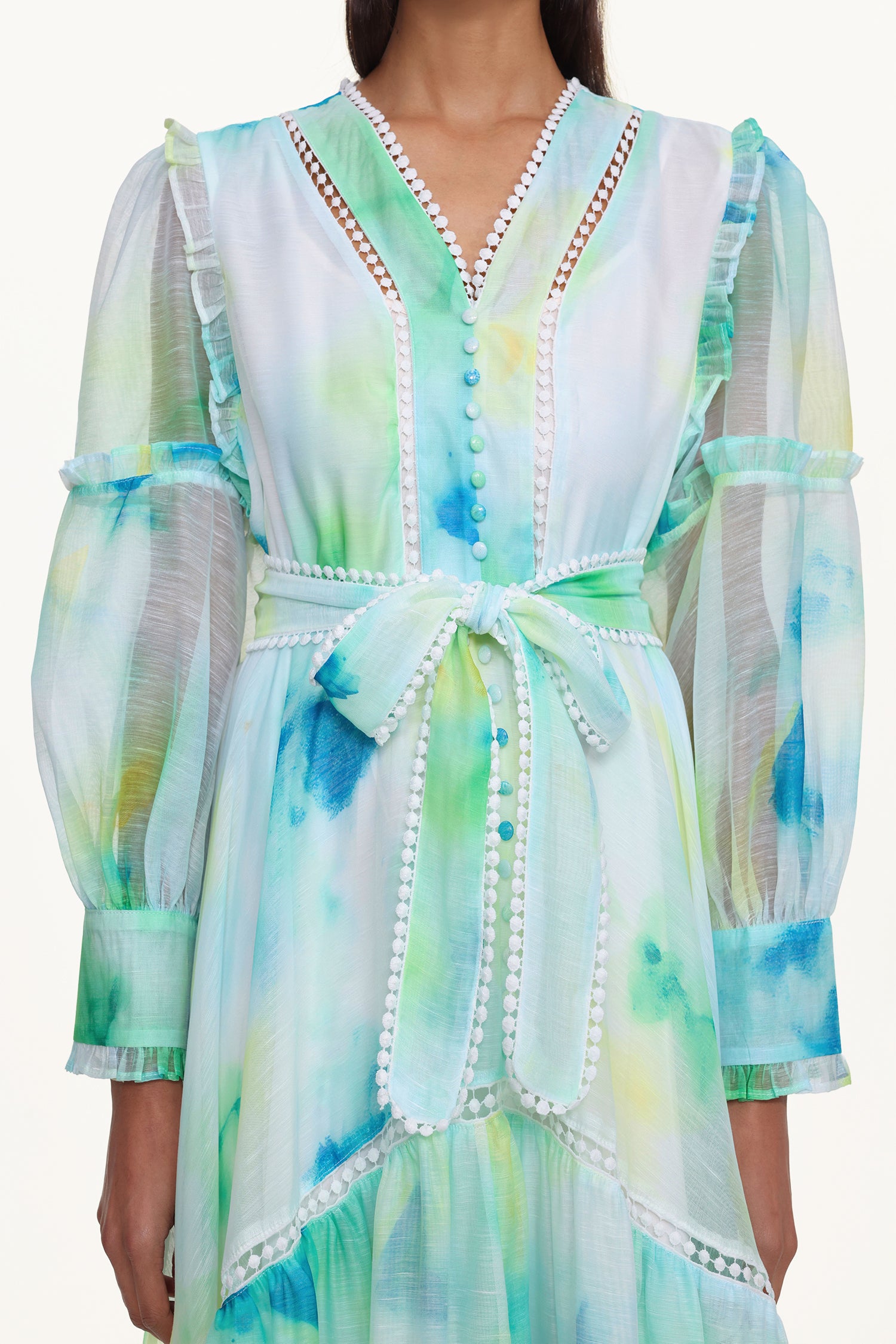 Natalya Resort Flowy Long Sleeve Lace Abstract Print Ruffle Woven Green Maxi Dress	