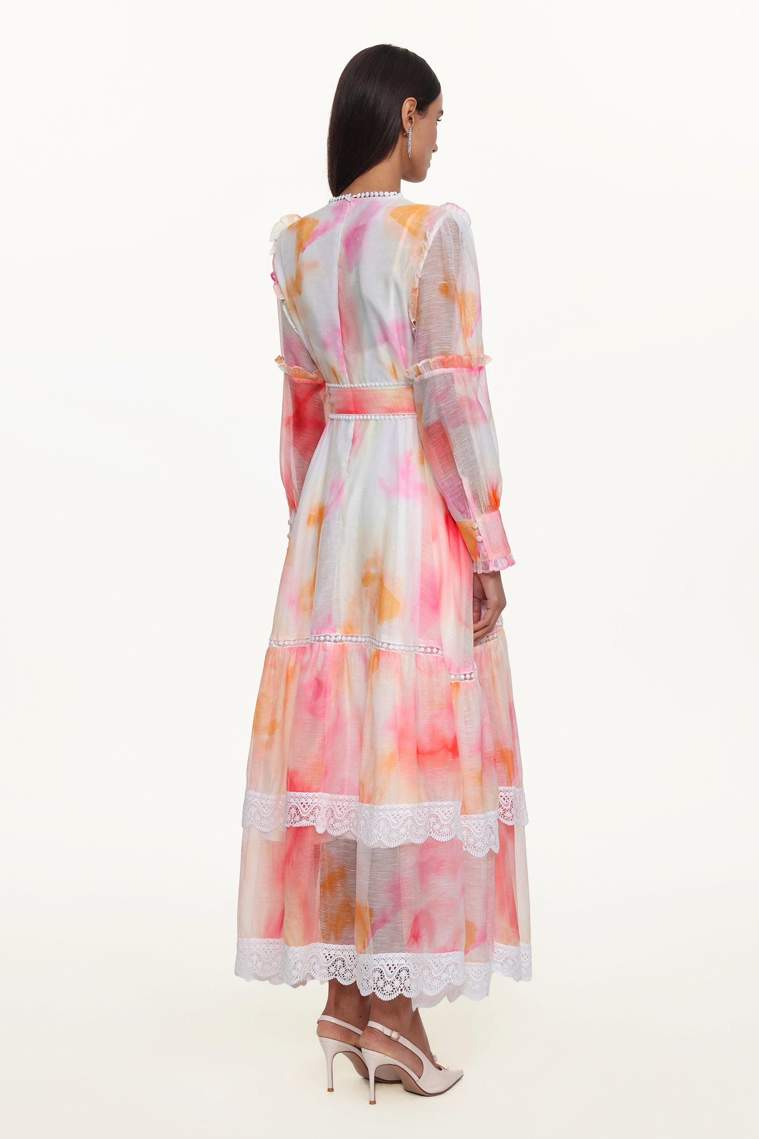 Natalya Resort Flowy Long Sleeve Lace Abstract Print Ruffle Woven Orange Maxi Dress	