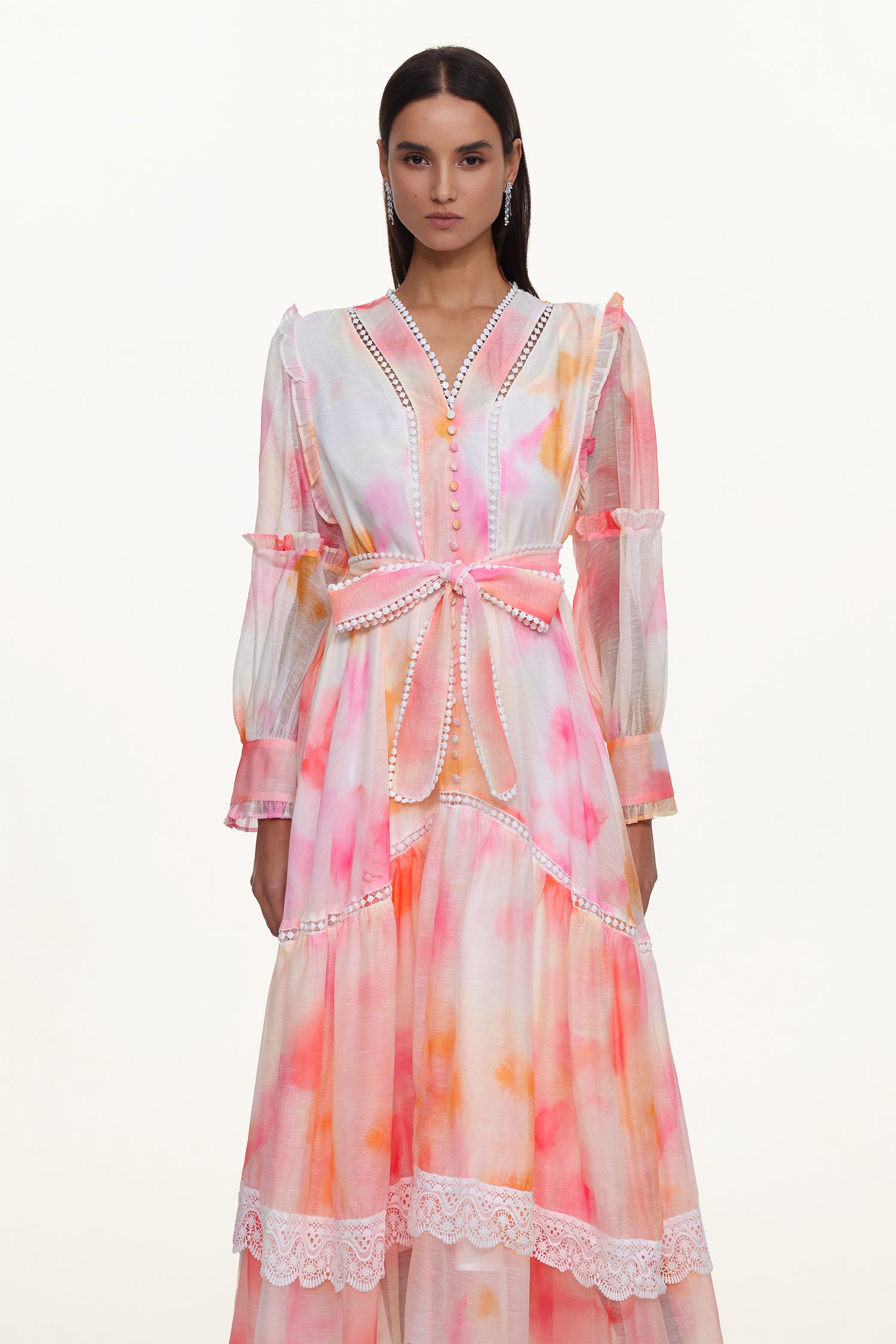 Natalya Resort Flowy Long Sleeve Lace Abstract Print Ruffle Woven Orange Maxi Dress	